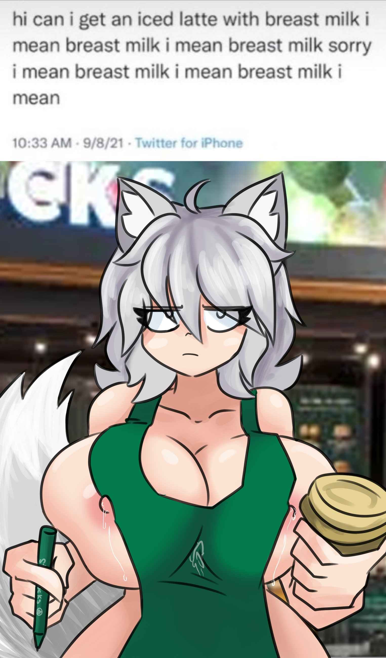 annoyed apron_only barista big_ass big_breasts big_butt breasts_out caroline_(morgdrewzz) coffee coffee_mug female gray_hair hi_res highres iced_latte_with_breast_milk meme morgdrewzz nude original_character outerwear pale_skin starbucks tail white_skin wolf_ears wolf_girl wolf_tail