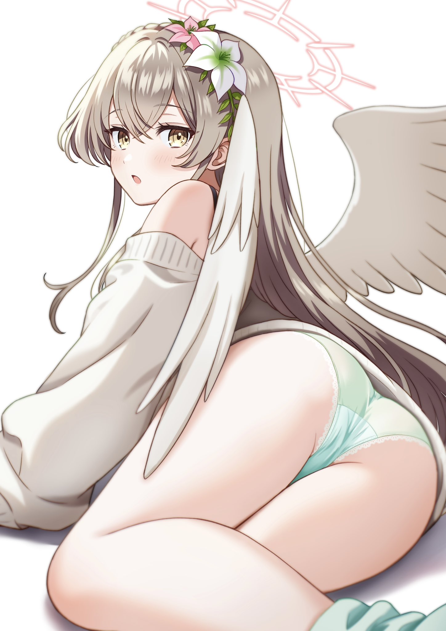 1girls, ass, blue archive, blush, brown hair, female, flower, from behind, gesupi (provlemsolver57), green panties, hair flower, hair ornament, halo, highres, long hair, looking at viewer, looking back, nagisa (blue archive), open mouth, panties, pink flower, red halo, simple background, solo, sweater, thighs, underwear, white background, white flower, white sweater, white wings, wings, yellow eyes