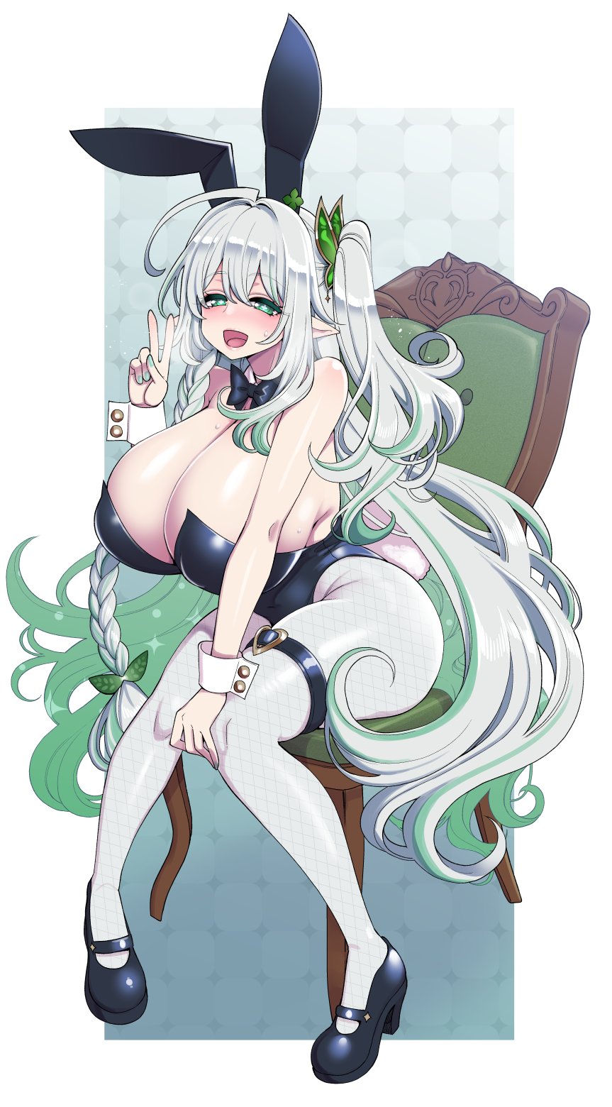 bunny_ears bunny_girl bunnysuit full_body genshin_impact half-closed_eyes heavy_breathing huge_breasts in_heat knees_together_feet_apart nahida_(genshin_impact)_(cosplay) nail_polish painted_nails peace_sign rukkhadevata_(genshin_impact) sitting sitting_on_chair v