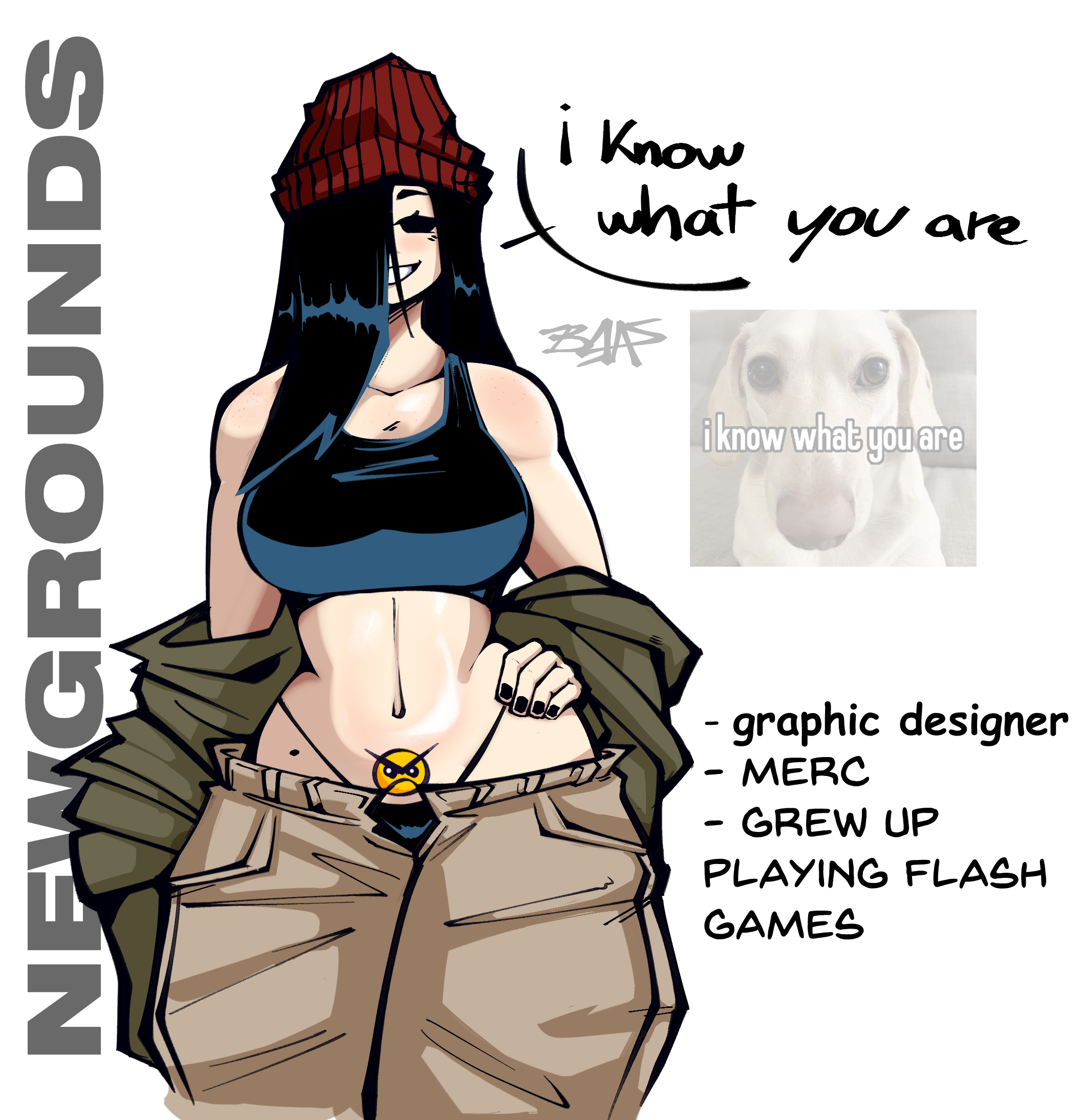 1girls, 2d, 2d (artwork), 2d artwork, artist name, artist signature, baasng, beanie, big breasts, black hair, breasts, clothed, clothed female, clothes, clothing, english, english text, female, female focus, female only, hair, hair over one eye, light skin, light-skinned female, long hair, mole, navel piercing, newgrounds, ng-girl (baasng), oc, original character, red beanie, revealing clothes, skinny, smirk, smirking, solo, solo female, solo focus, string panties, talking, talking to viewer, text, text bubble, watermark