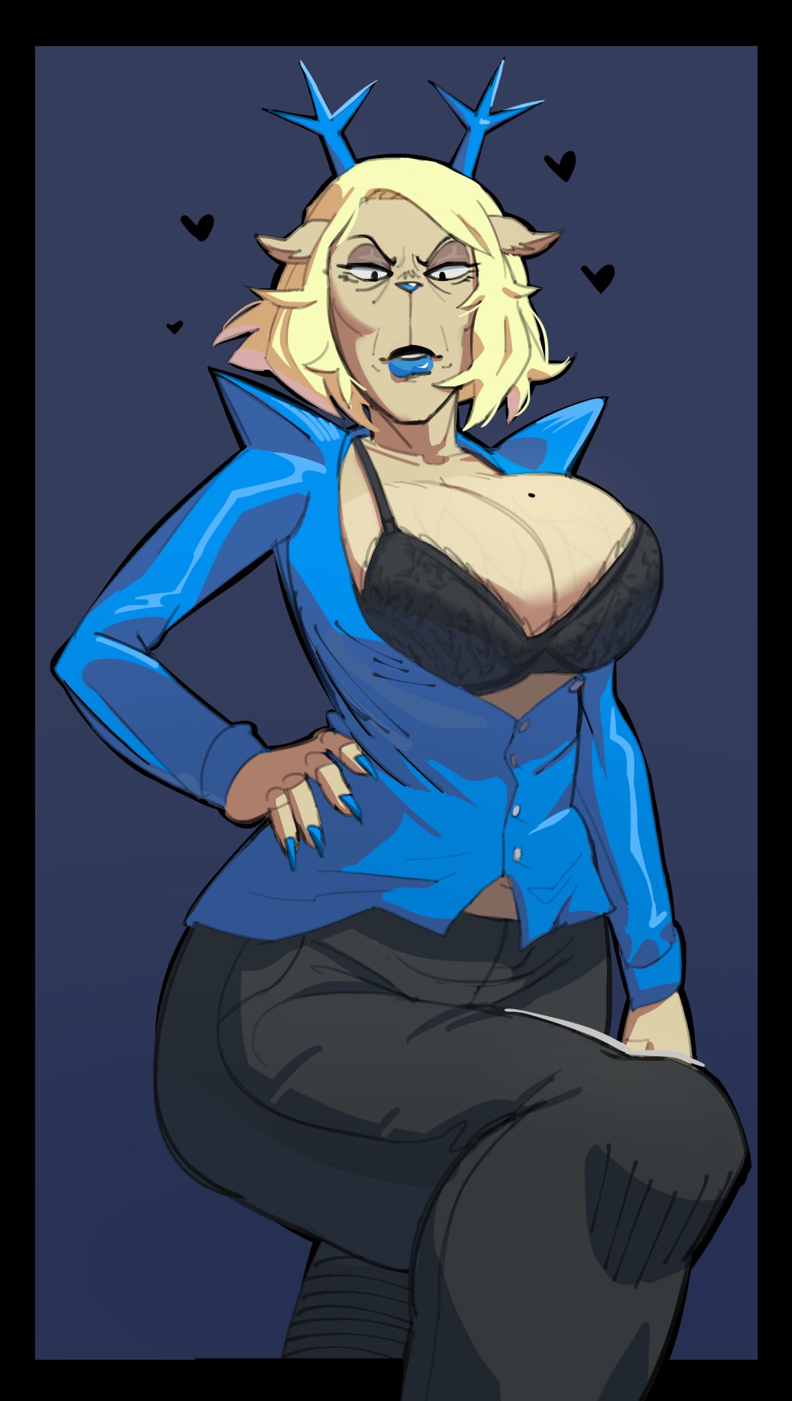 1girls, animal ears, antlers, black bra, black eyes, black lips, black pants, blonde hair, blue eyeshadow, blue lips, blue nails, blue shirt, bra, breasts, bursting breasts, carol holiday, cleavage, clothing, deer ears, deltarune, eyeshadow, female, fingernails, furry, furry female, hand on own hip, horns, huge breasts, kitapult, lace, lace trim, large breasts, lipstick, long sleeves, looking at viewer, makeup, mature female, mole, mole on breast, mole under eye, nail polish, open clothes, open shirt, pants, shirt, short hair, solo, underwear