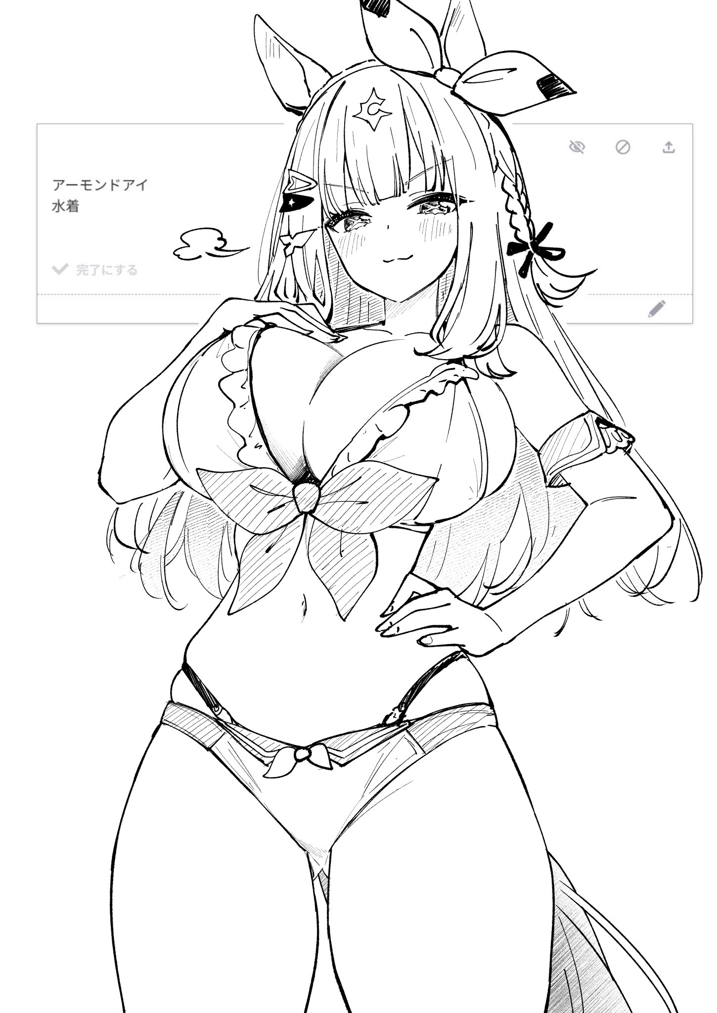 :3, 1girls, almond eye (umamusume), bikini, braid, breasts, busty, cleavage, female, female only, hair ribbon, hand on breast, hand on hip, herohero (higashi no dou), horse ears, horse girl, horse tail, huge breasts, looking at viewer, monochrome, smile, solo, swimsuit, symbol-shaped pupils, umamusume, umamusume pretty derby