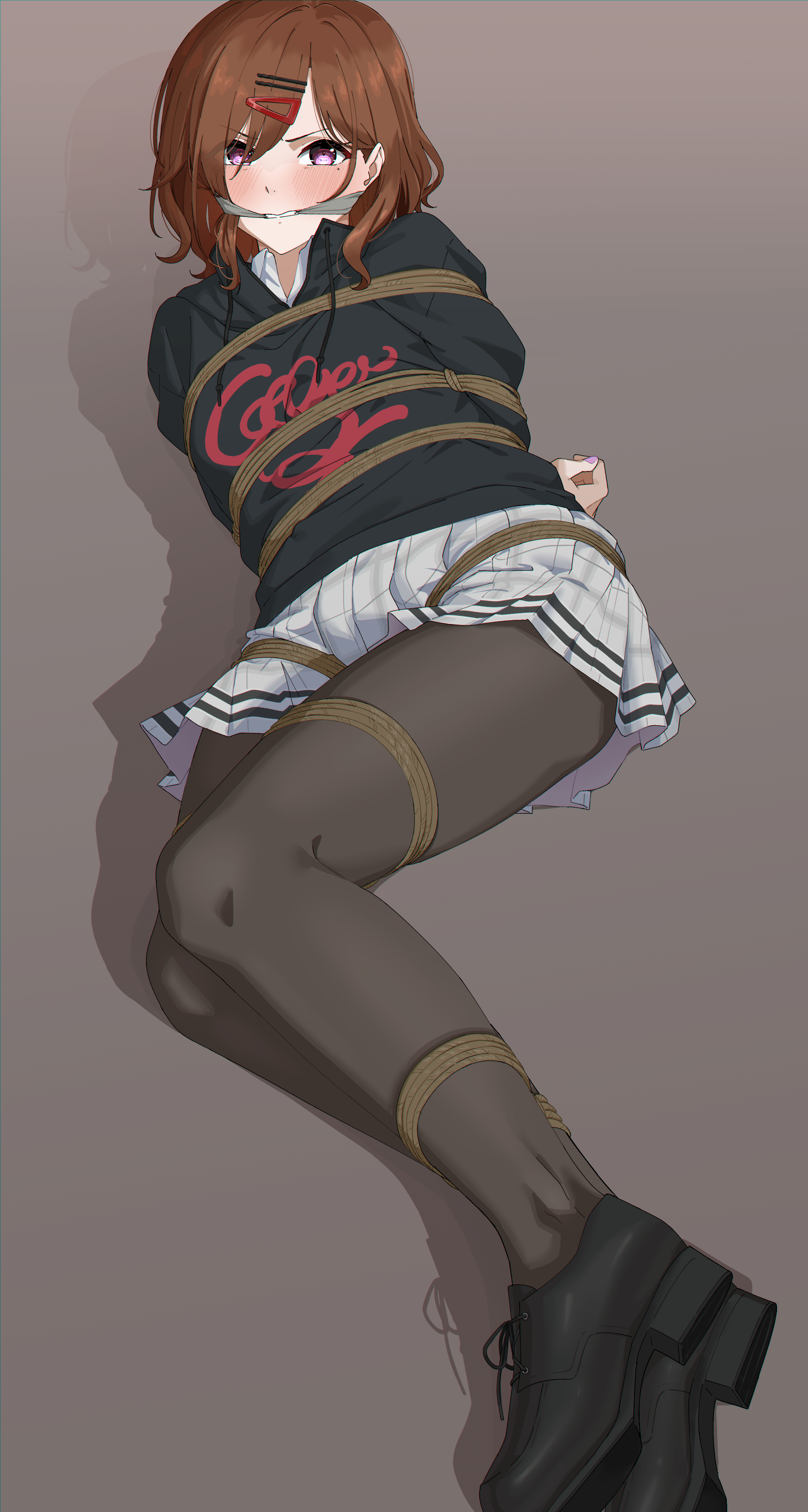 1girls, black pantyhose, blush, blushing, bob cut, bondage, brown hair, cloth gag, dressed, female, fully clothed, grey background, hairclip, higuchi madoka, idolmaster, idolmaster shiny colors, mole, pantyhose, purple eyes, restrained, restrained ankles, restrained arms, restrained legs, restrained wrists, rope, rope bondage, shoes, short hair, simple background, skirt, sweat, tied up