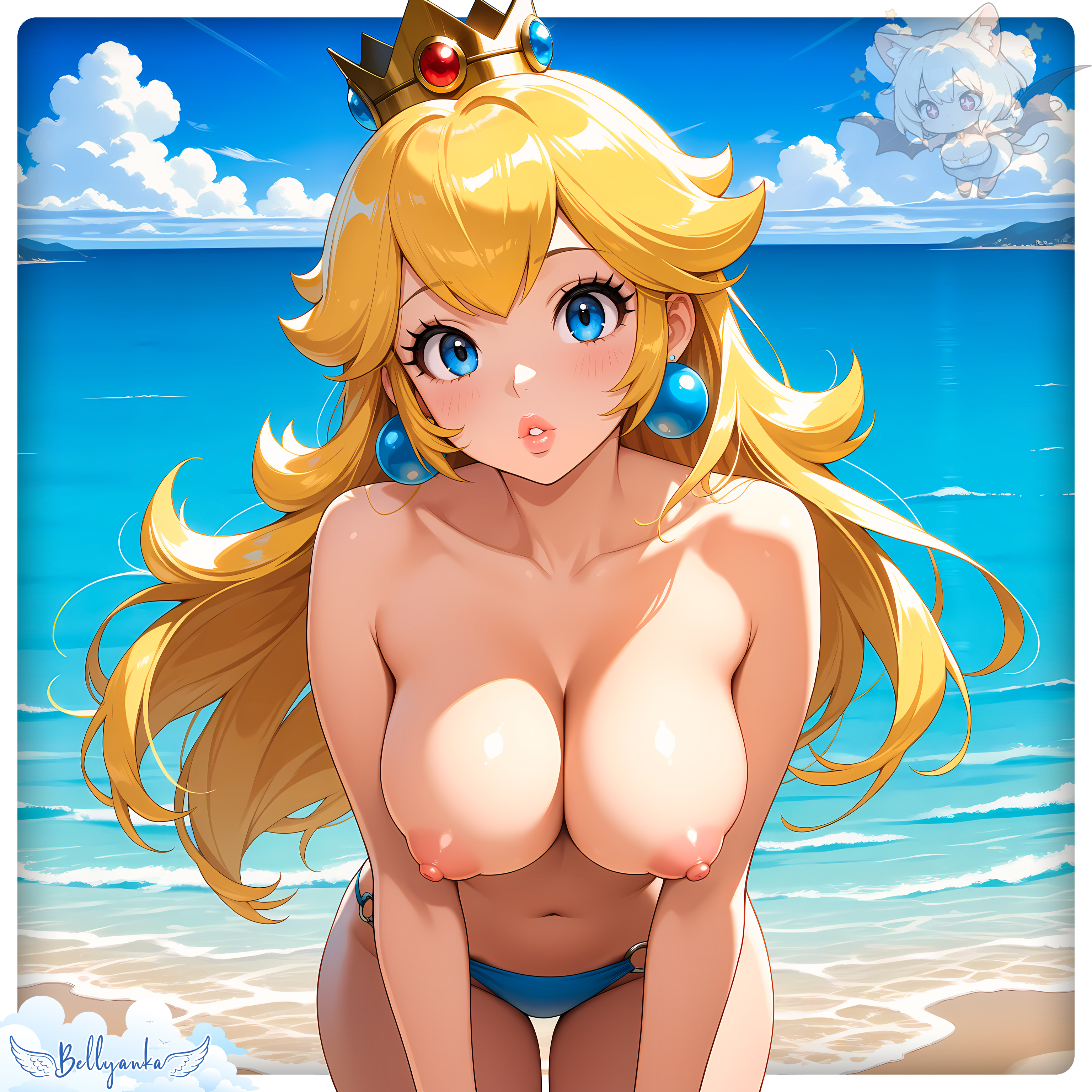 2025, ai generated, bellyanka, blue bikini bottom, blushing at viewer, deviantart, female, looking at viewer, mario (series), naked female, nintendo, nude beach, nude female, princess peach, shy at viewer, super mario bros., topless female