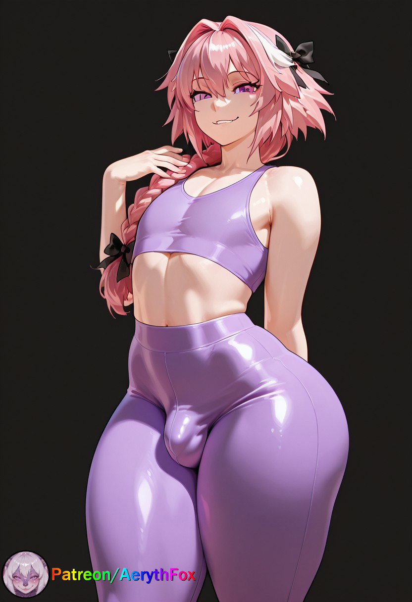 1boy, 1femboy, aerythfox, ai, ai art, ai generated, astolfo (fate), crop top, fate (series), fate/grand order, femboy, light-skinned male, looking at viewer, male, male only, otoko no ko, otokonoko, patreon, patreon username, penis, solo, tagme, thick thighs, yoga pants