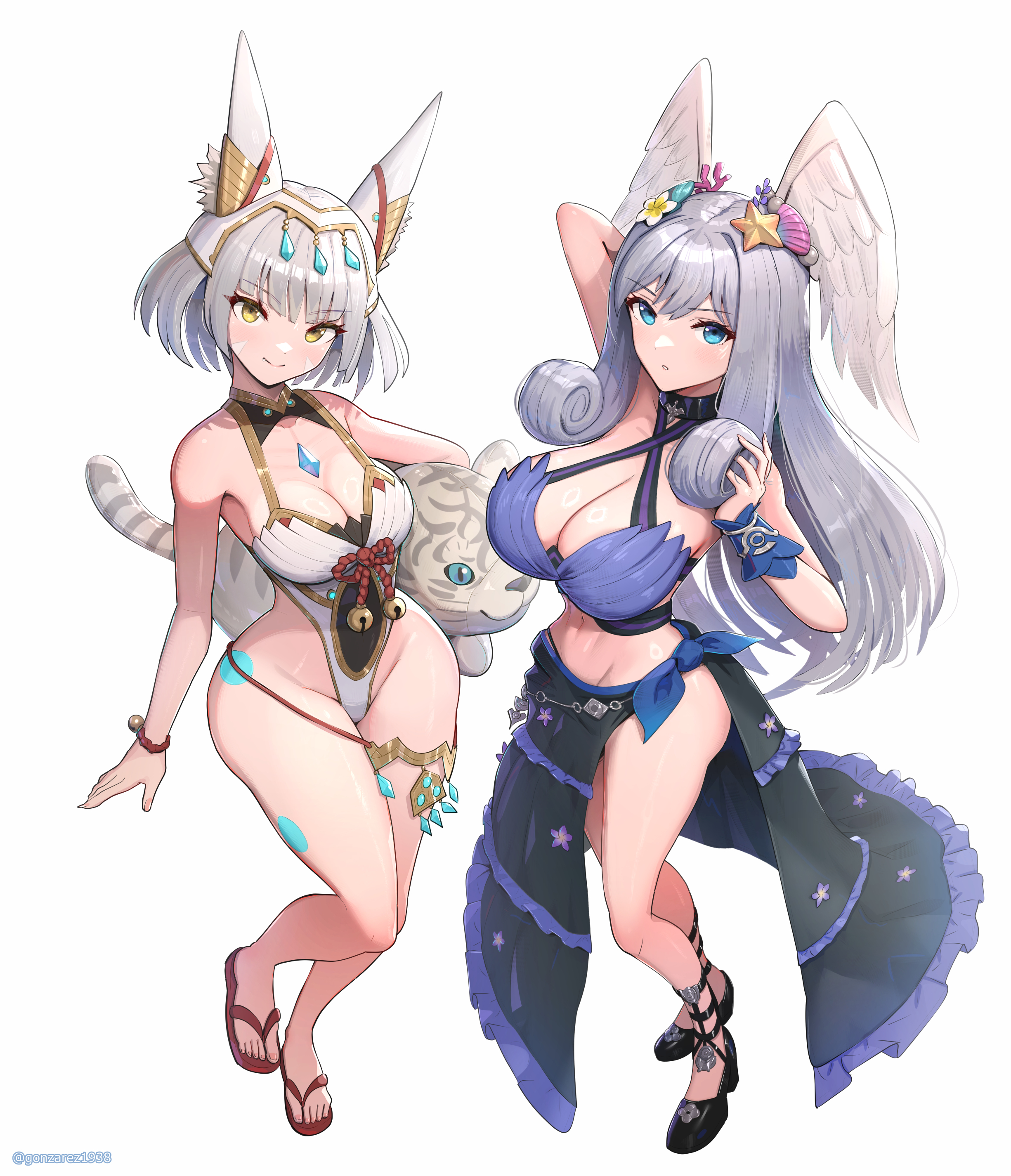 2girls, absurd res, alternate costume, arms up, ass, bare shoulders, bikini, blue bikini, blue eyes, blush, breasts, bubble ass, bubble butt, busty, cat ears, cat girl, catgirl, circlet, cleavage, core crystal, curvy, facial markings, fat ass, female, female only, gonzarez, head wings, highres, large ass, large breasts, long hair, looking at viewer, melia antiqua, midriff, milf, monolith soft, navel, nia, nintendo, one-piece swimsuit, queen, queen nia, royalty, shell bikini, short hair, side-tie bikini, silver hair, slim waist, swimsuit, thick ass, thick thighs, thighs, tiara, very long hair, voluptuous, white swimsuit, wide hips, wings, wings on head, xenoblade (series), xenoblade chronicles 3, yellow eyes