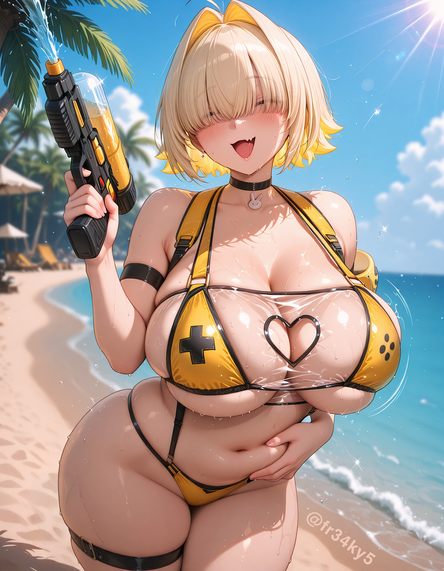 ai generated, belly, blonde hair, breasts, cleavage, elegg (boom and shock) (nikke), elegg (nikke), female, fr34ky, goddess of victory: nikke, huge breasts, sling bikini, slingshot swimsuit, stomach, tummy