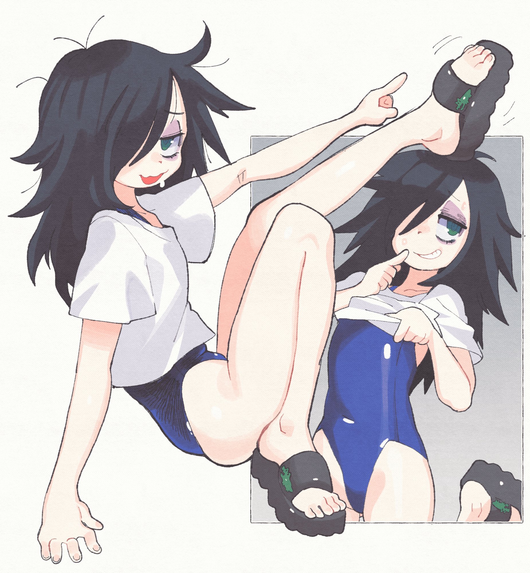 1girls, bags under eyes, black footwear, black hair, blue one-piece swimsuit, clothes lift, clothing, covered navel, eyebags, feet, female, flat chest, flip-flops, green eyes, grin, hair over one eye, index finger raised, inkerton-kun, inkuusan, kuroki tomoko, leg up, legs, lifted by self, long hair, looking at viewer, messy hair, one eye covered, one-piece swimsuit, open mouth, pointing, sandals, school swimsuit, shirt, shirt lift, short sleeves, smile, swimsuit, swimsuit under clothes, toes, watashi ga motenai no wa dou kangaetemo omaera ga warui!, white shirt