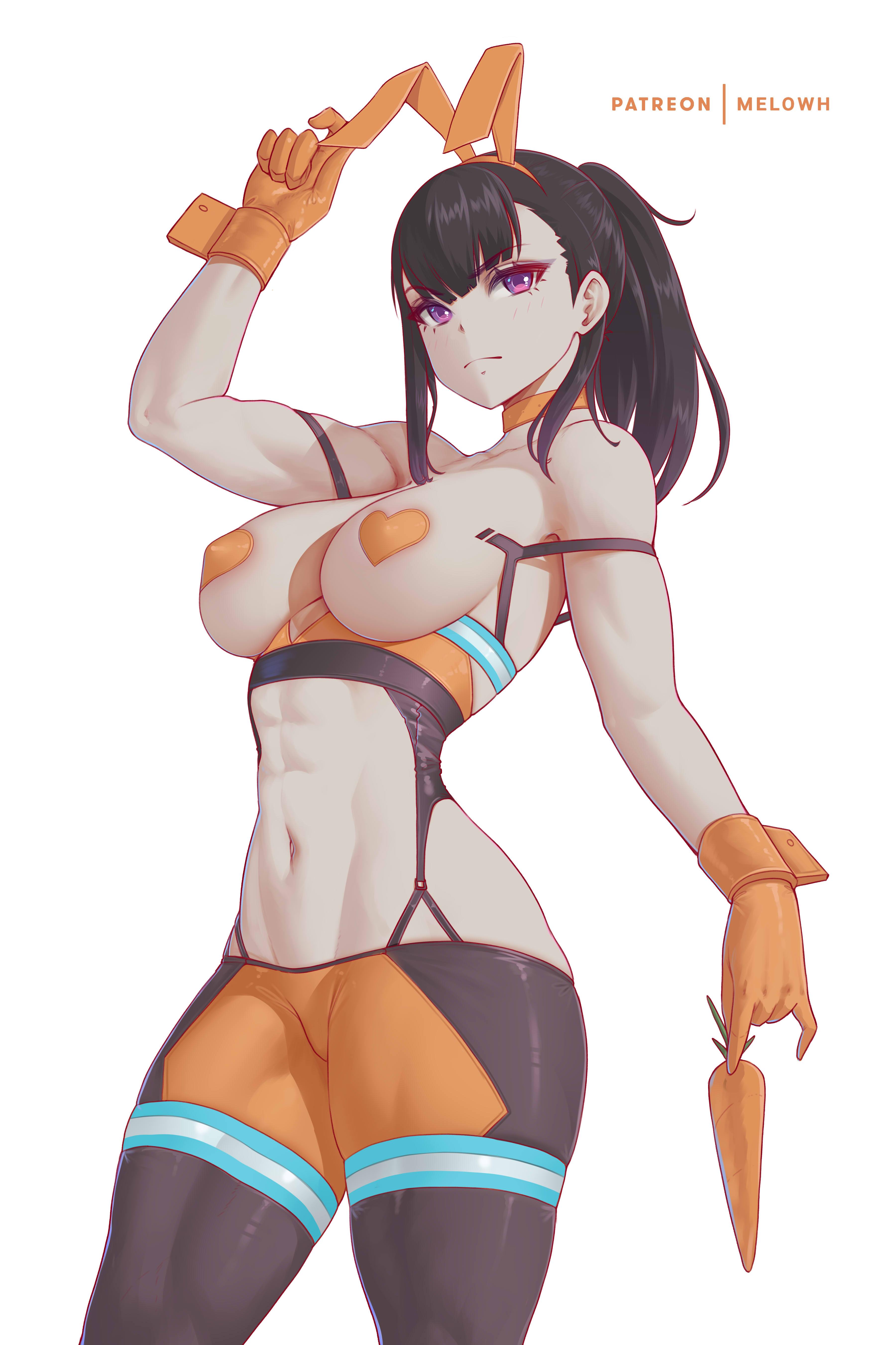1girls, abs, adult, adult female, arm up, asymmetrical bangs, bare armpits, bare arms, bare belly, bare chest, bare midriff, bare navel, bare shoulders, bare skin, belly, belly button, big breasts, black hair, black-haired female, blank expression, blank eyes, blank stare, breasts, brown legwear, brown pantyhose, brown stockings, brown tights, bunny ears, bunny tail, busty, busty female, carrot, choker, collarbone, curvaceous, curvaceous body, curvaceous female, curvaceous figure, curvaceous hips, curvy, curvy body, curvy female, curvy figure, curvy hips, digital, digital art, digital drawing, digital drawing (artwork), digital media, digital media (artwork), elbows, emotionless, enen no shouboutai, exposed armpits, exposed arms, exposed belly, exposed chest, exposed midriff, exposed navel, exposed shoulders, exposed skin, female, female focus, female only, fingers, fire force, firefighter, garter straps, gloves, groin, groin tendon, hairband, hand up, heart pasties, high resolution, highres, hourglass figure, huge boobs, huge breasts, inguinal crease, inguinal ligament, large boobs, large breasts, lean figure, legwear, lips, long hair, maki oze, mature, mature female, melowh, midriff, muscular, muscular arms, muscular female, muscular legs, muscular thighs, narrow waist, navel, neutral expression, nipple bulge, nipple pasties, orange bunny ears, orange choker, orange gloves, orange hairband, orange pasties, orange wrist cuffs, pantyhose, pasties, plump breasts, ponytail, purple eyes, purple-eyed female, shoulders, sidelocks, simple background, skindentation, slender body, slender waist, slim waist, solo, standing, stockings, thick thighs, thighs, tights, underboob, upper body, white background, wide hips, wrist cuffs