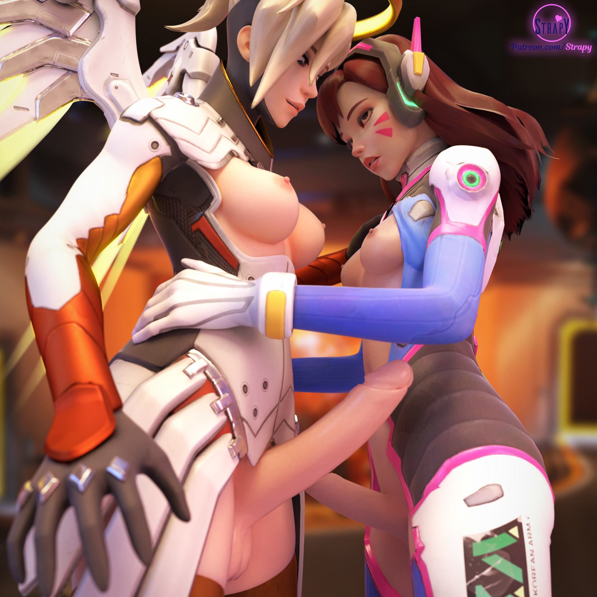 3d, areolae, balls, blender, breasts, d.va, dickgirl, erection, futa with futa, futanari, intersex, mercy, nipples, overwatch, penis, strapy, testicles