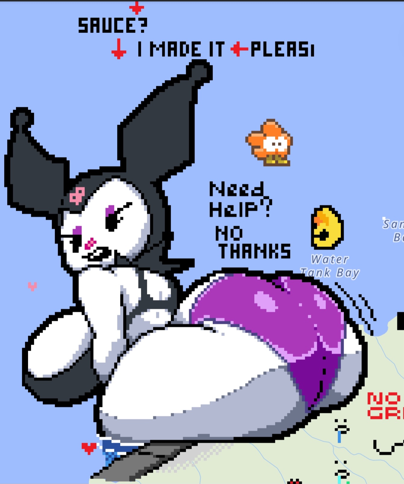ass focus, big ass, big breasts, bikini, breasts, female, kuromi, looking back, panties, pixel art, sanrio, tagme, text, wplace