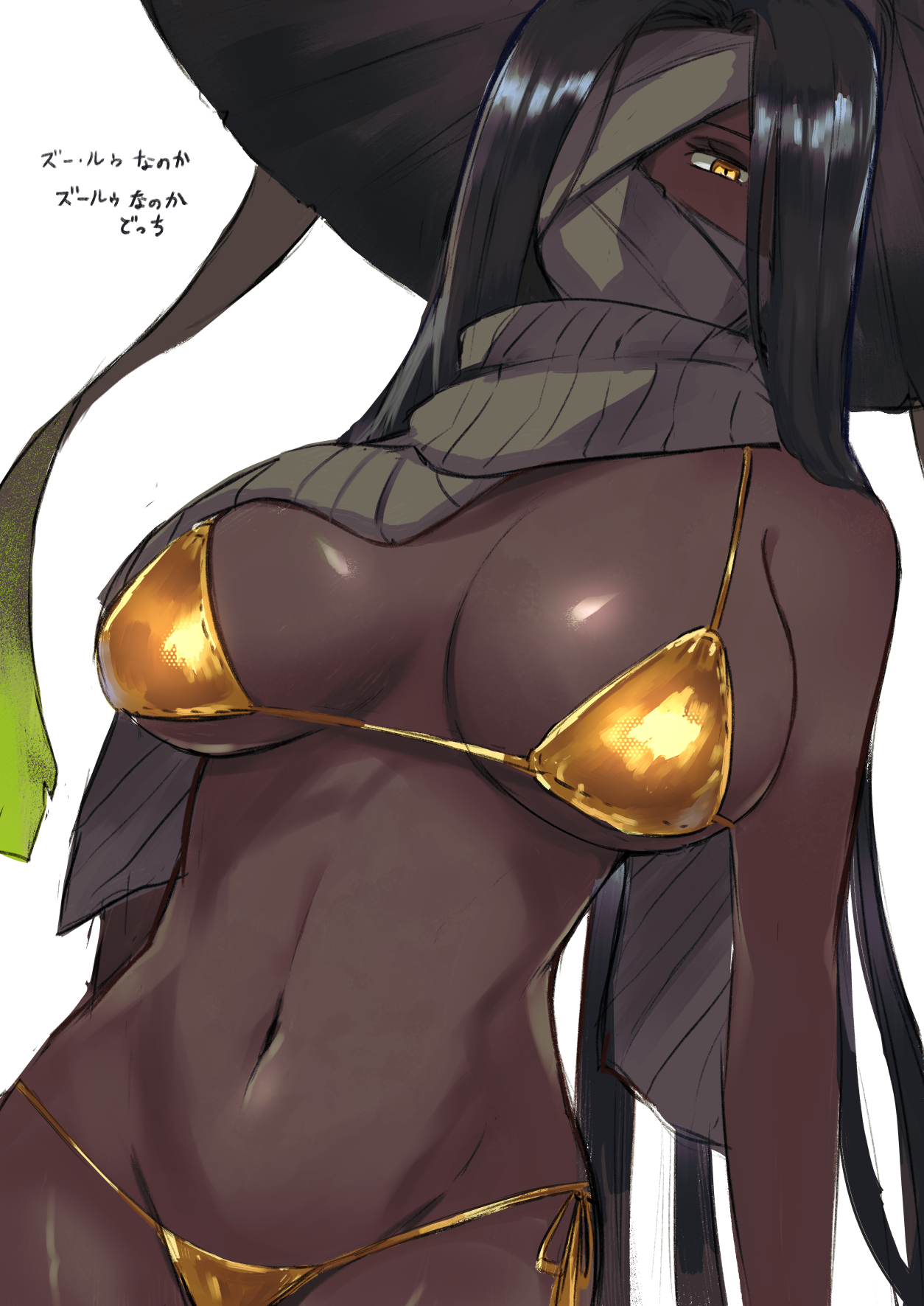 bandages, bikini, black hair, breasts, cg, dark skin, dark-skinned female, female, gold bikini, hair over one eye, hat, large breasts, limbus company, long hair, looking at viewer, micro bikini, navel, one eye covered, project moon, scarf, side-tie bikini bottom, simple background, solo, string bikini, swimsuit, very long hair, white background, yellow bikini, yellow eyes, zilu (limbus company)
