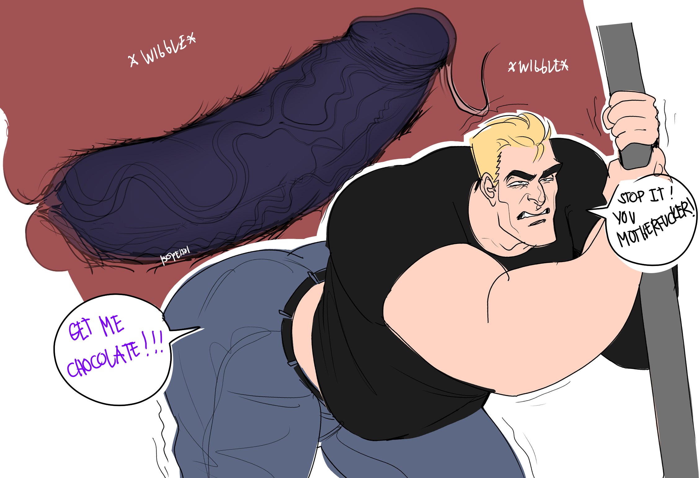 2boys, anal sex, bara, bara ass, big ass, big butt, big muscles, black shirt, blonde hair, blue jeans, bopehol, buff, clenched teeth, clothed, clothed sex, clothing, dialogue, eddie brock, english dialogue, english text, forced, forced yaoi, gay, gay male, holding back orgasm, huge ass, huge muscles, inside view, interspecies, jeans, light skin, light-skinned male, male, male focus, male only, marvel, marvel comics, mature male, monster boy, muscles, muscular, muscular male, pants, penis, teeth, teeth showing, text, thick eyebrows, thick forearms, thick penis, thick thighs, veiny penis, venom (marvel), yaoi