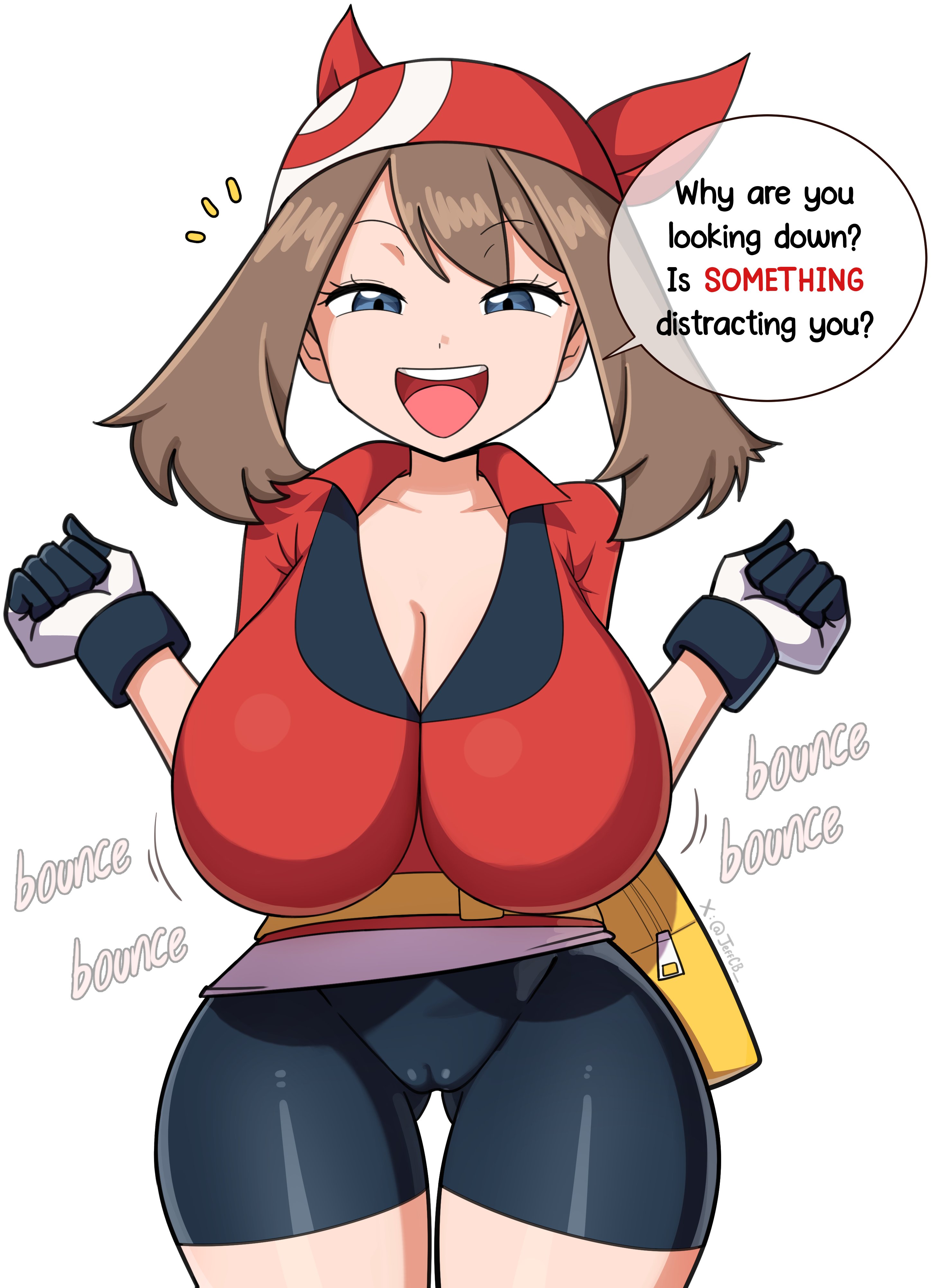 1girls, ass visible through thighs, big breasts, bike shorts, black eyes, black shorts, bottomwear, bouncing breasts, breast focus, breasts, brown hair, cameltoe, cleavage, clothing, english, english text, female, female only, game freak, hair, half-closed eyes, headband, headwear, huge breasts, jeffcb , long hair, may (pokemon rs), may (pokemon), motion lines, nintendo, onomatopoeia, open mouth, pokemon, pokemon rse, red shirt, shirt, shorts, smile, solo, solo female, speech bubble, text, thighs, topwear