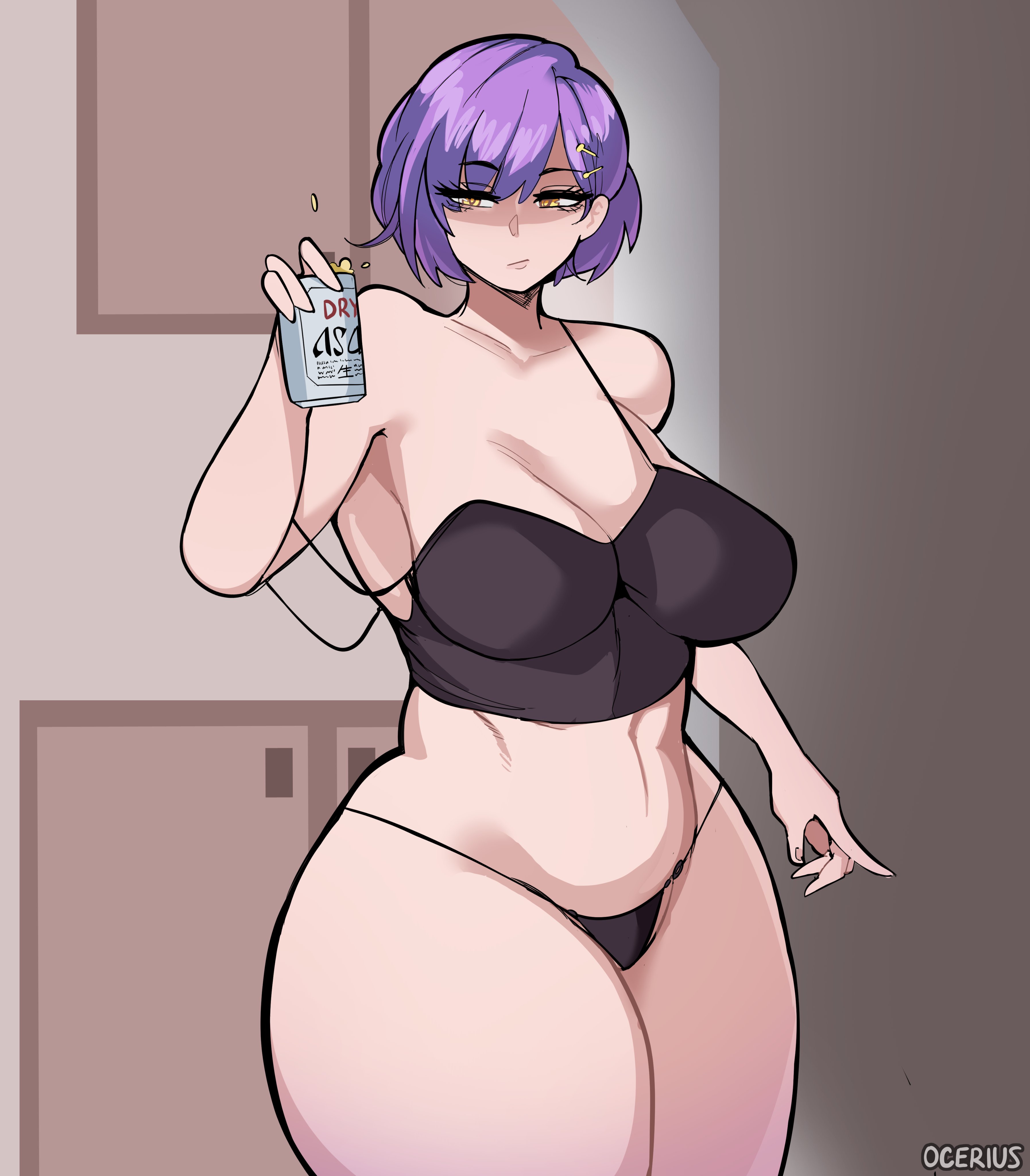 1girls, absurd res, absurdres, breasts, character request, cleavage, copyright request, disinterested, emotionless, emotionless female, female, female only, huge breasts, human, indifference, indifferent, large breasts, ocerius, revealing clothes, skimpy, solo, solo female, standing, text, thick thighs, thong, tomboy, unbothered, uncaring, watermark, wide hips