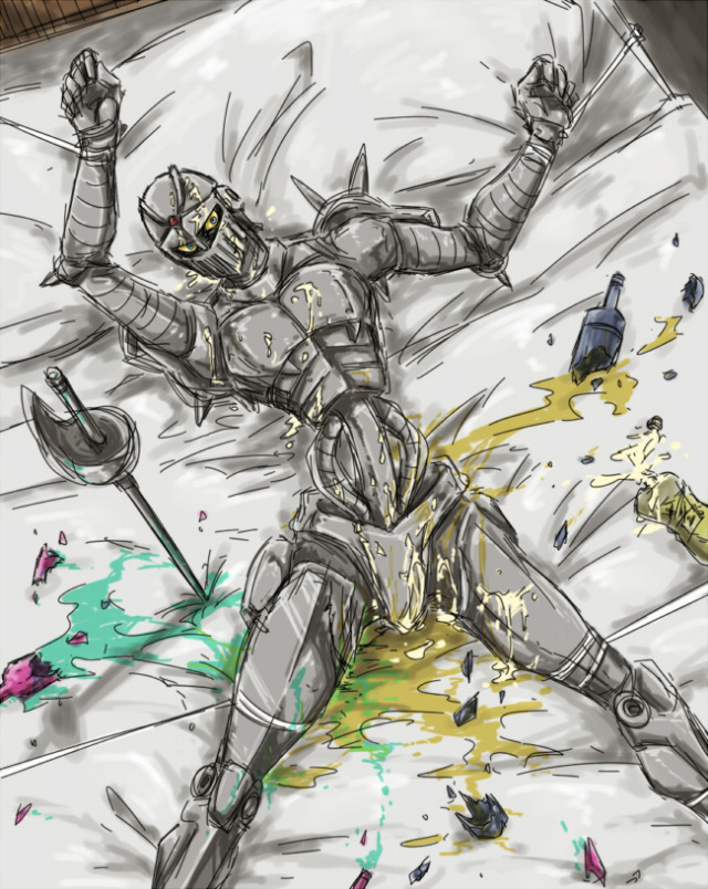 alcohol armor bondage broken_glass dubious_consent jojo's_bizarre_adventure knight legs_apart male_focus male_only on_bed questionable_consent silver_chariot stand_(jjba) stardust_crusaders struggling suggestive_fluid tied_up