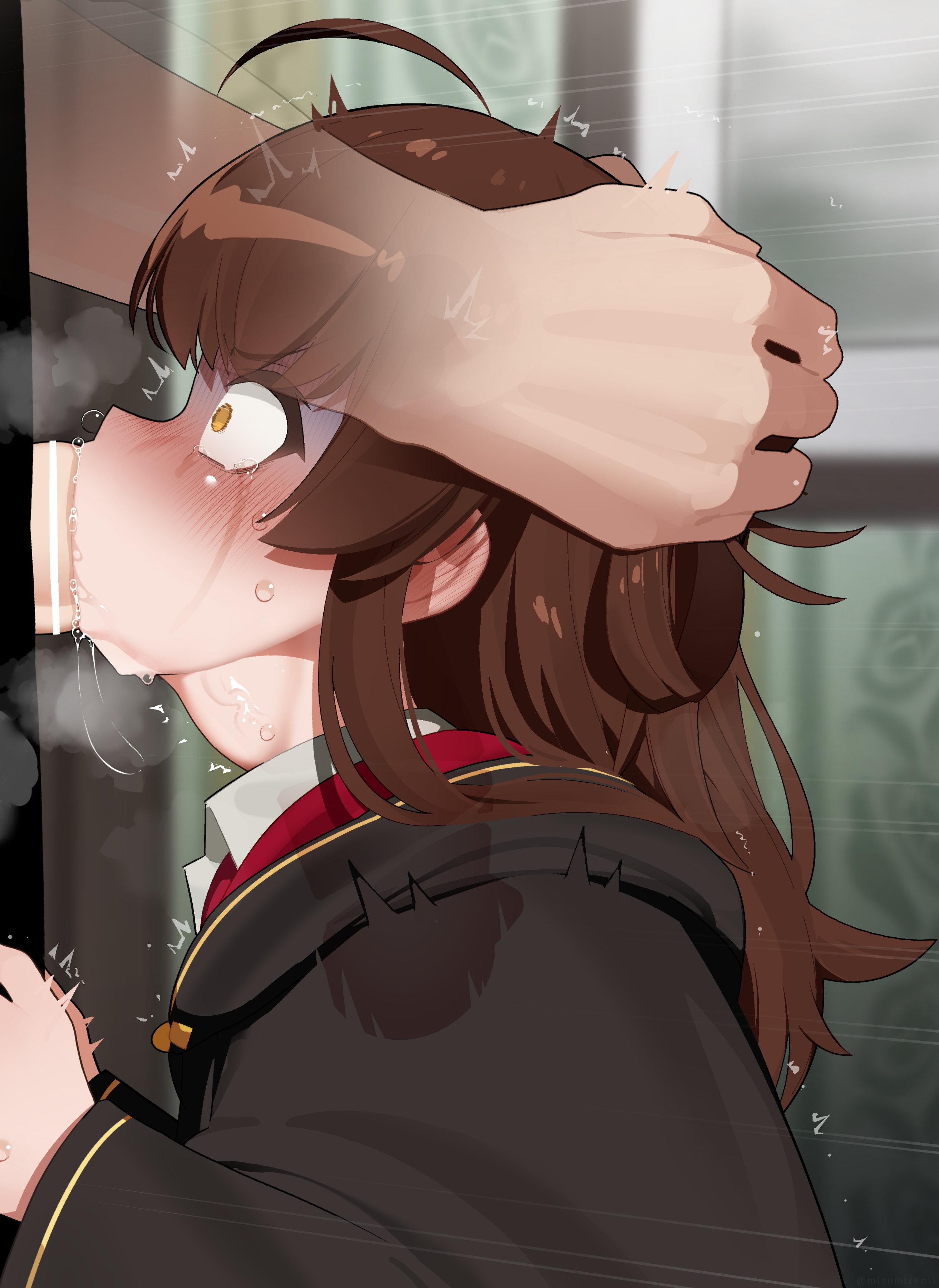 1boy, absurdres, ahoge, aru majo ga shinu made, bar censor, black jacket, blurry, blurry background, blush, brown eyes, brown hair, censored, deepthroat, fellatio, female, from side, hair bobbles, hair bun, hair ornament, hands on another's head, highres, irrumatio, jacket, long sleeves, male, medium hair, meg raspberry, mizumizuni, oral, penis, profile, solo focus, straight, sweat, upper body, x-ray