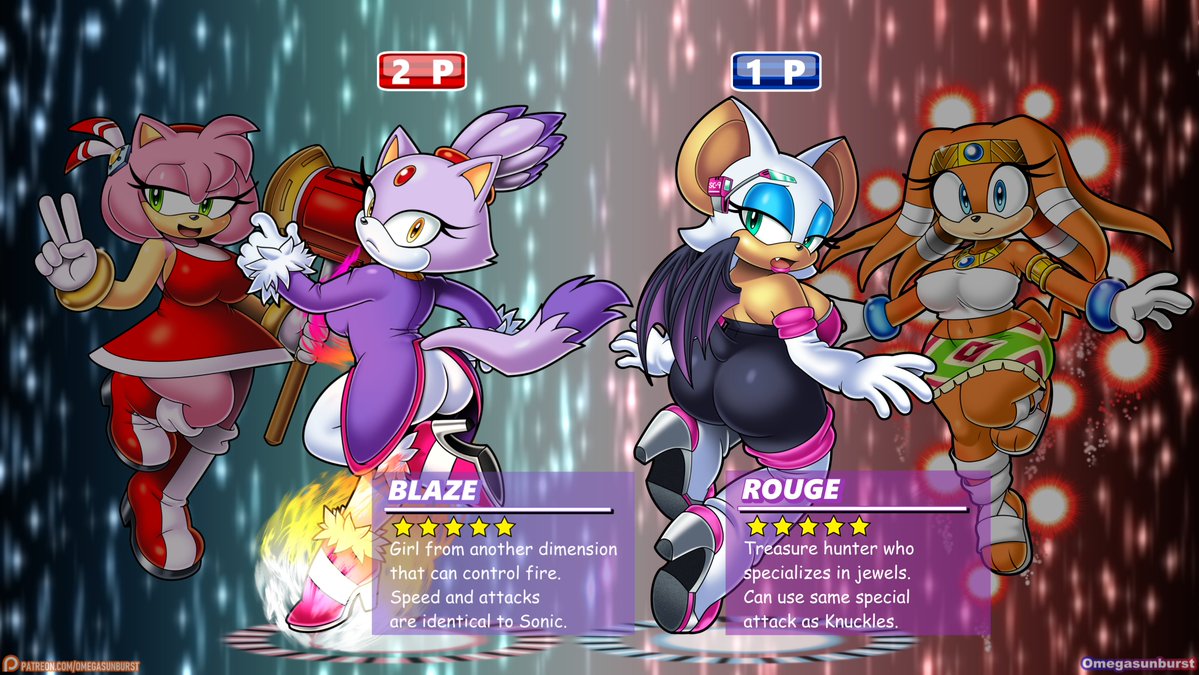 2026, 4girls, amy rose, ass, bat, bat wings, big ass, big breasts, big thighs, blaze the cat, blue eyes, breasts, cat girl, dumptruck ass, echidna, eyelashes, fat ass, fat butt, female, female only, green eyes, hedgehog, hedgehog girl, huge ass, huge breasts, huge butt, looking at viewer, looking back, make-up, makeup, omegasunburst, orange skin, orange skinned female, peace sign, pink skin, pink skinned female, purple skinned female, rouge the bat, sega, shiny ass, shiny butt, shiny hair, shiny skin, sonic (series), sonic adventure 2, sonic the hedgehog (series), text, text box, thick ass, thighs, tikal the echidna, watermark, yellow eyes