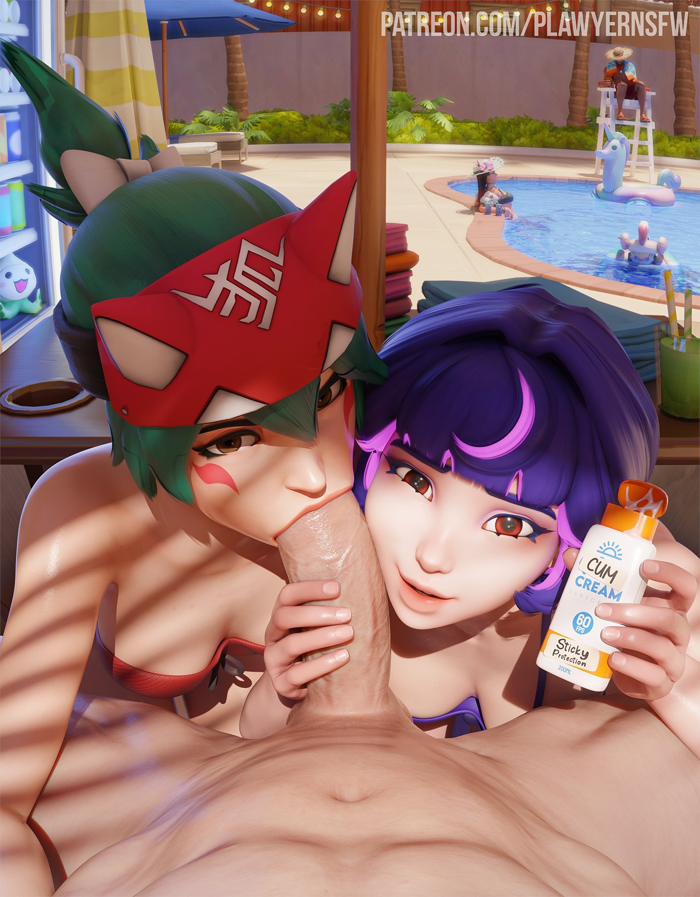 :>=, 1boy2girls, 2girls, 2girls1boy, 3d, 3d (artwork), ashe (overwatch), asian, asian female, assisted fellatio, blender, blender (software), blender cycles, blizzard entertainment, blowjob, blowjob face, breasts, brown eyes, cock, cole cassidy, eye contact, fellatio, female, female focus, green hair, huge cock, juno (overwatch), kiriko (overwatch), kiriko kamori, large cock, large penis, lawyernsfw, long hair, looking at viewer, male, male/female, medium breasts, medium hair, multiple girls, oral, oral sex, overwatch, overwatch 2, penis, plawyer, ponytail, pool, poolside, pov, pov eye contact, purple hair, red eyes, sucking, sucking penis, summer, teamwork, teo minh, tied hair, vein, veins, veiny, veiny penis, vietnamese, vietnamese female
