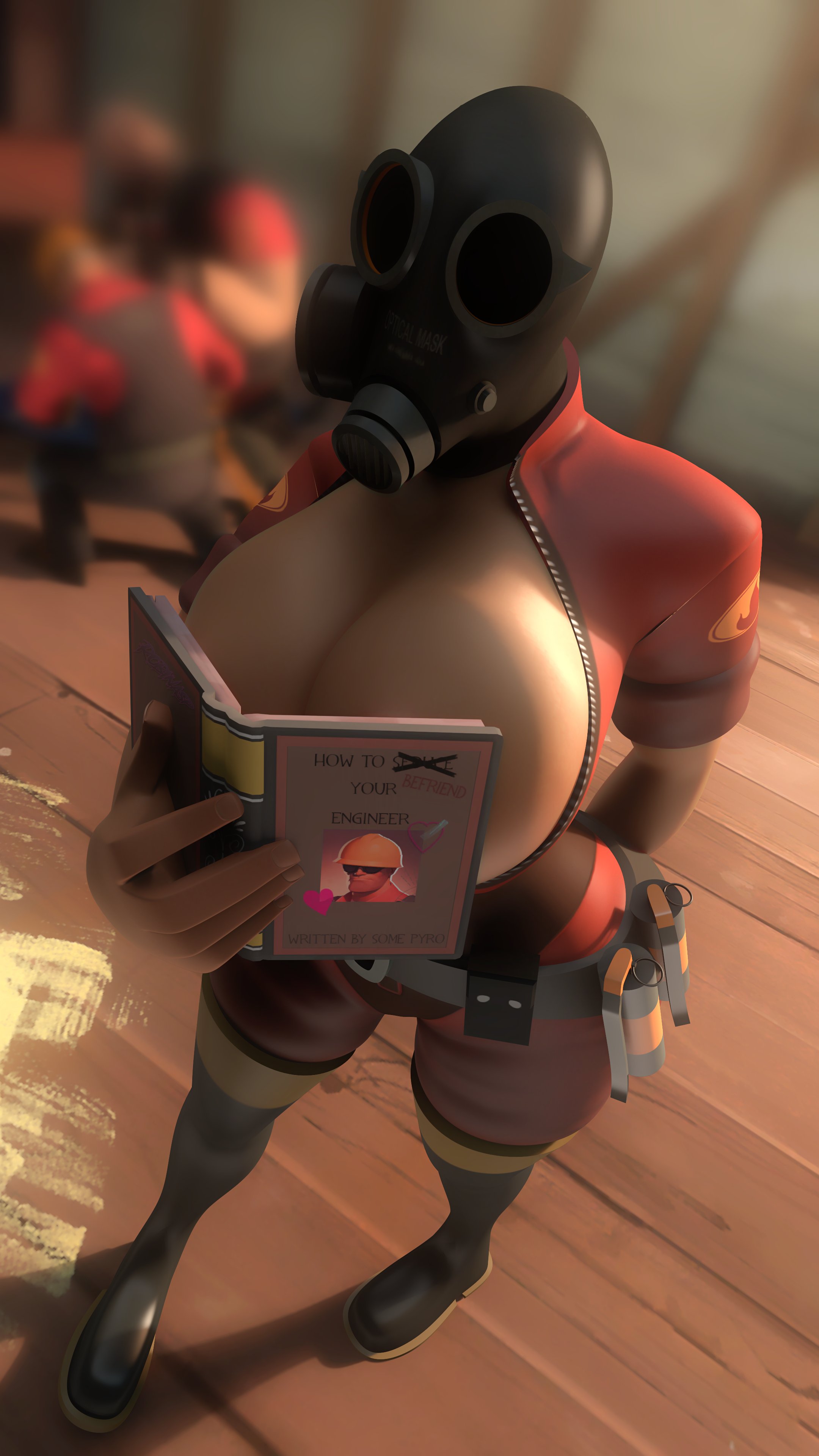 3d, breasts, cleavage, female, fempyro, genderswap (mtf), robinasplind1, rule 63, sfm, solo, team fortress 2