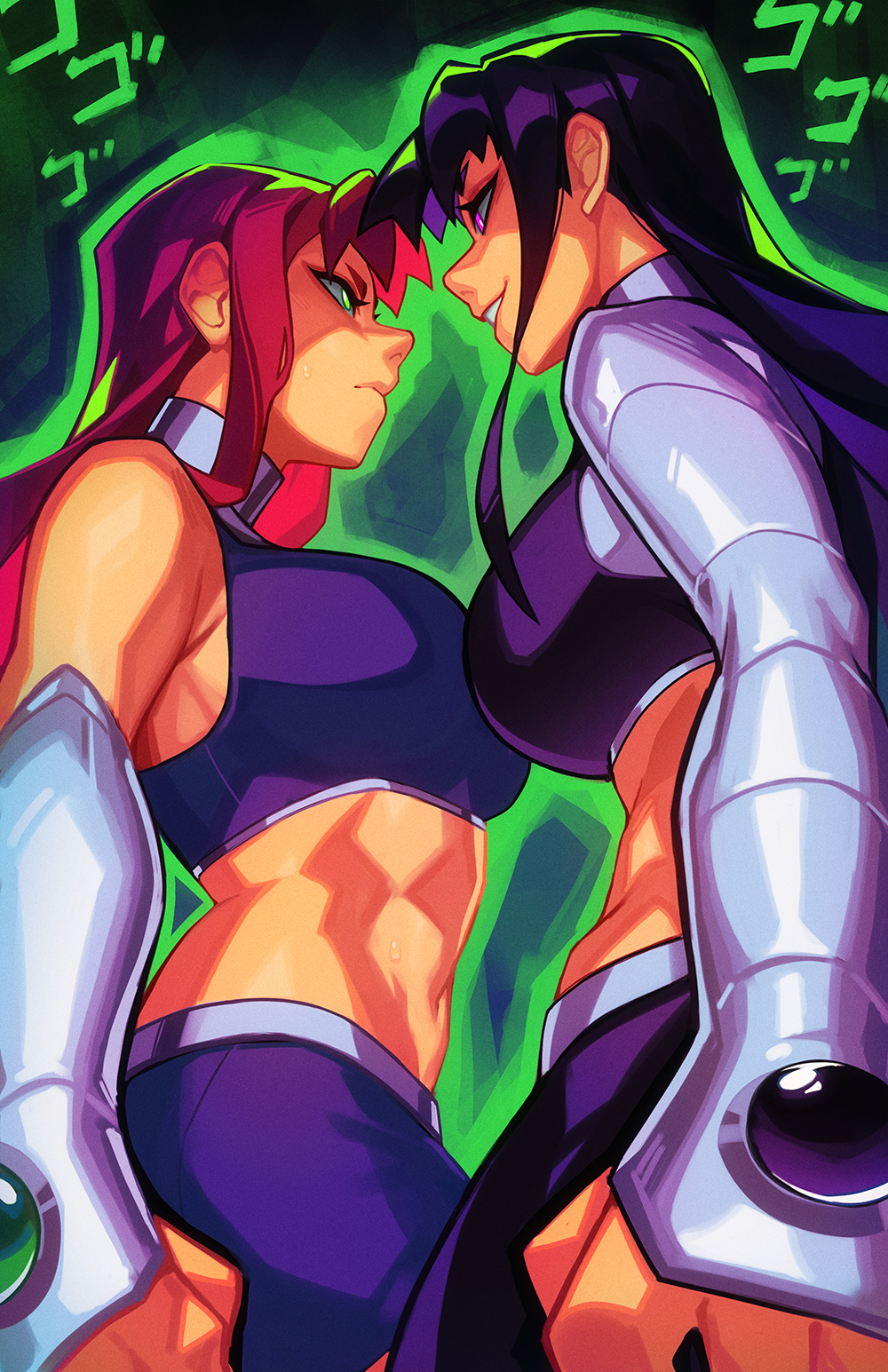 2025, 2d, 2d (artwork), 2girls, alien, alien girl, aura, belly, blackfire, breasts, dc, dc comics, eye contact, female, female only, fit, fit female, goes hard, green eyes, jojo reference, large breasts, long hair, orange skin, orange-skinned female, purple eyes, purple hair, qt0ri, questionable, red hair, sfw, sibling rivalry, siblings, sisters, starfire, straight hair, teen titans, wide hips