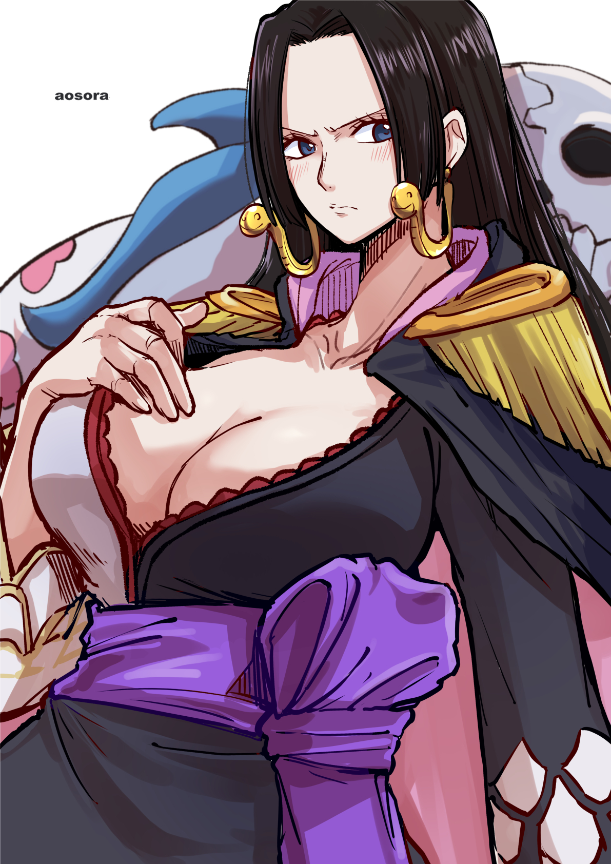 1girls, aosora, artist name, black hair, black-haired female, blue eyes, blush, boa hancock, breasts, cape, cg, cleavage, closed mouth, collarbone, dress, earrings, epaulettes, female, female only, hand on own chest, jewelry, large breasts, long hair, long sleeves, looking at viewer, one piece, purple sash, sash, simple background, snake, solo, upper body, white background