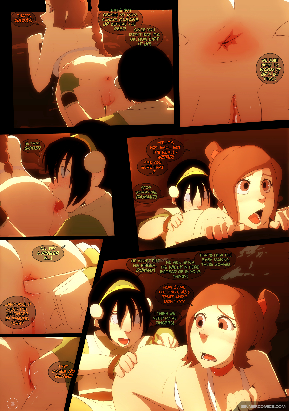 2girls, anal fingering, anilingus, avatar the last airbender, breasts, clothing, comic, eating ass, female, female only, fingering, lesbian, licking, medium breasts, multiple females, multiple girls, nickelodeon, oral, rimjob, rimming, sillygirl, sinner, small breasts, speech bubble, straight hair, swimsuit, toph bei fong, ty lee, yuri