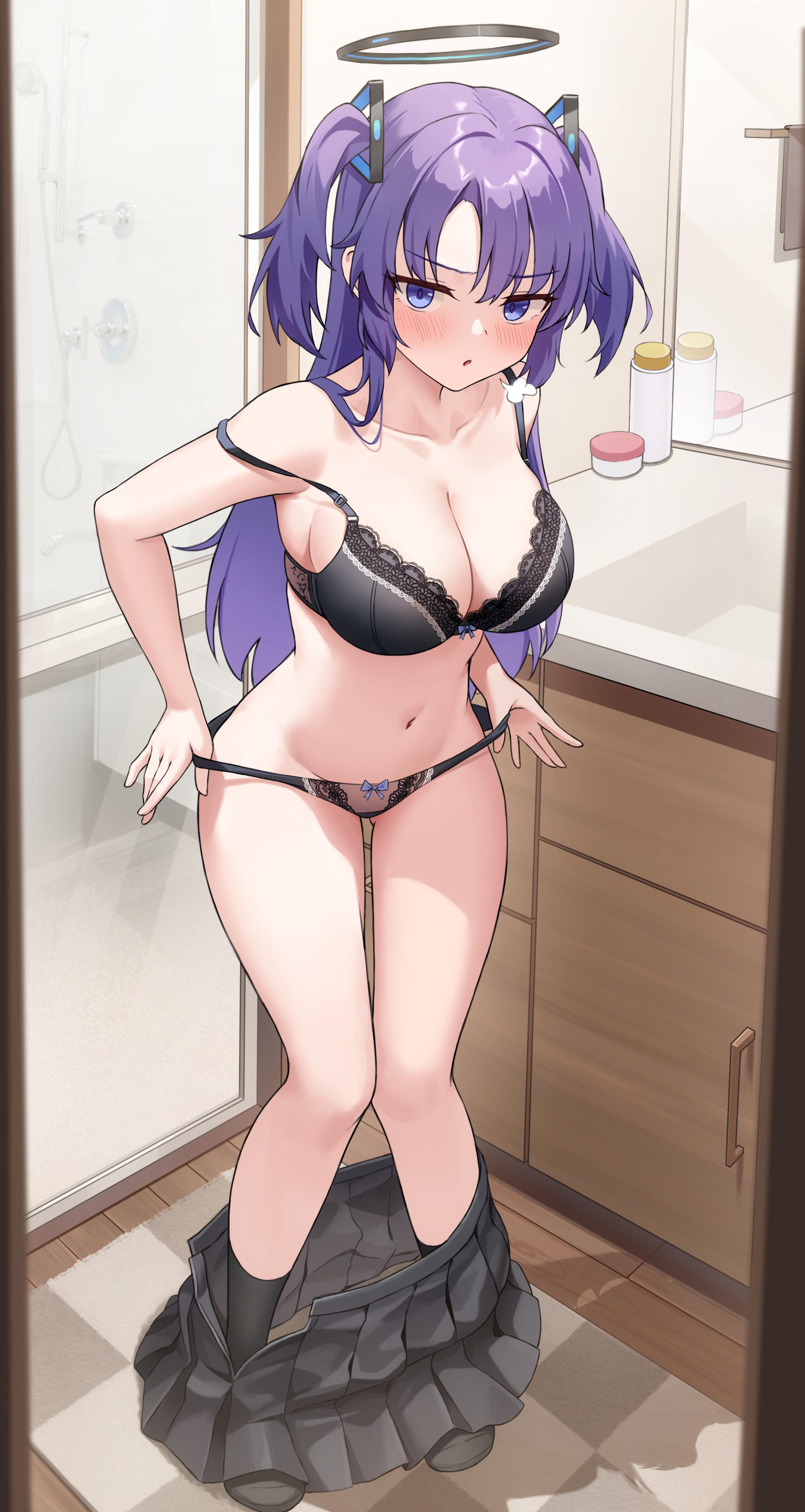 1girls, bare arms, bare belly, bare calves, bare chest, bare hands, bare hips, bare knees, bare legs, bare midriff, bare navel, bare shoulders, bare skin, bare thighs, bathroom, belly, belly button, big breasts, black bra, black halo, black panties, black skirt, black underwear, blue archive, blush, blush face, blushing at viewer, blushing female, blushing lines, bra, breasts, busty, busty female, cleavage, collarbone, curvaceous, curvaceous body, curvaceous female, curvaceous figure, curvaceous hips, curvaceous teenager, curvy, curvy body, curvy female, curvy figure, curvy hips, digital, digital art, digital drawing, digital drawing (artwork), digital media, digital media (artwork), elbows, embarrassed, embarrassed expression, embarrassed female, exposed arms, exposed belly, exposed chest, exposed hips, exposed legs, exposed midriff, exposed navel, exposed shoulders, exposed skin, exposed thighs, eyebrows visible through hair, female, female focus, female only, fingers, frown, frown eyebrows, frowning, frowning at viewer, full body, groin, half naked, half nude, halo, high resolution, highres, hourglass figure, indoor, indoor nudity, indoors, inguinal crease, inguinal ligament, knees, lace-trimmed bra, lace-trimmed panties, lace-trimmed underwear, large boobs, large breasts, lean figure, legs, lingerie, long hair, looking at viewer, midriff, naked, naked female, naked woman, narrow waist, navel, nude, nude female, nudity, panties, parted bangs, plump breasts, purple eyebrows, purple eyes, purple hair, purple-eyed female, purple-haired female, ribbon bra, ribbon panties, semi nude, shoulders, skirt, skirt aside, skirt down, skirt removed, slender body, slender waist, slim waist, solo, standing, thigh gap, thighs, two side up, underwear, underwear only, undressing, undressing self, wide hips, yj (yojo san), yuuka (blue archive)