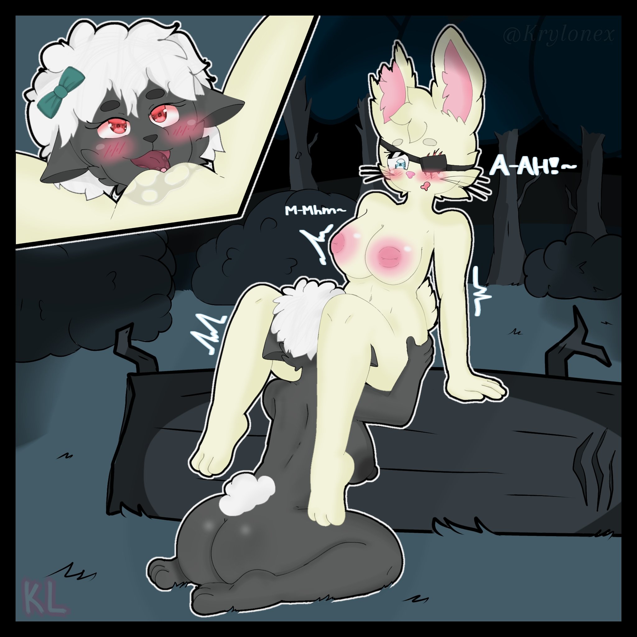 2025, 2d, 2girls, ass, bow, breasts, breasts out, bunny (piggy), bunny ears, bunny girl, decay (piggy), delirium (piggy), english text, eyepatch, female, female only, krylonex, naked female, nude female, piggy (game), red eyes, sheep girl, shiloh sheepy (piggy), text, twitter, twitter link, watermark, yuri