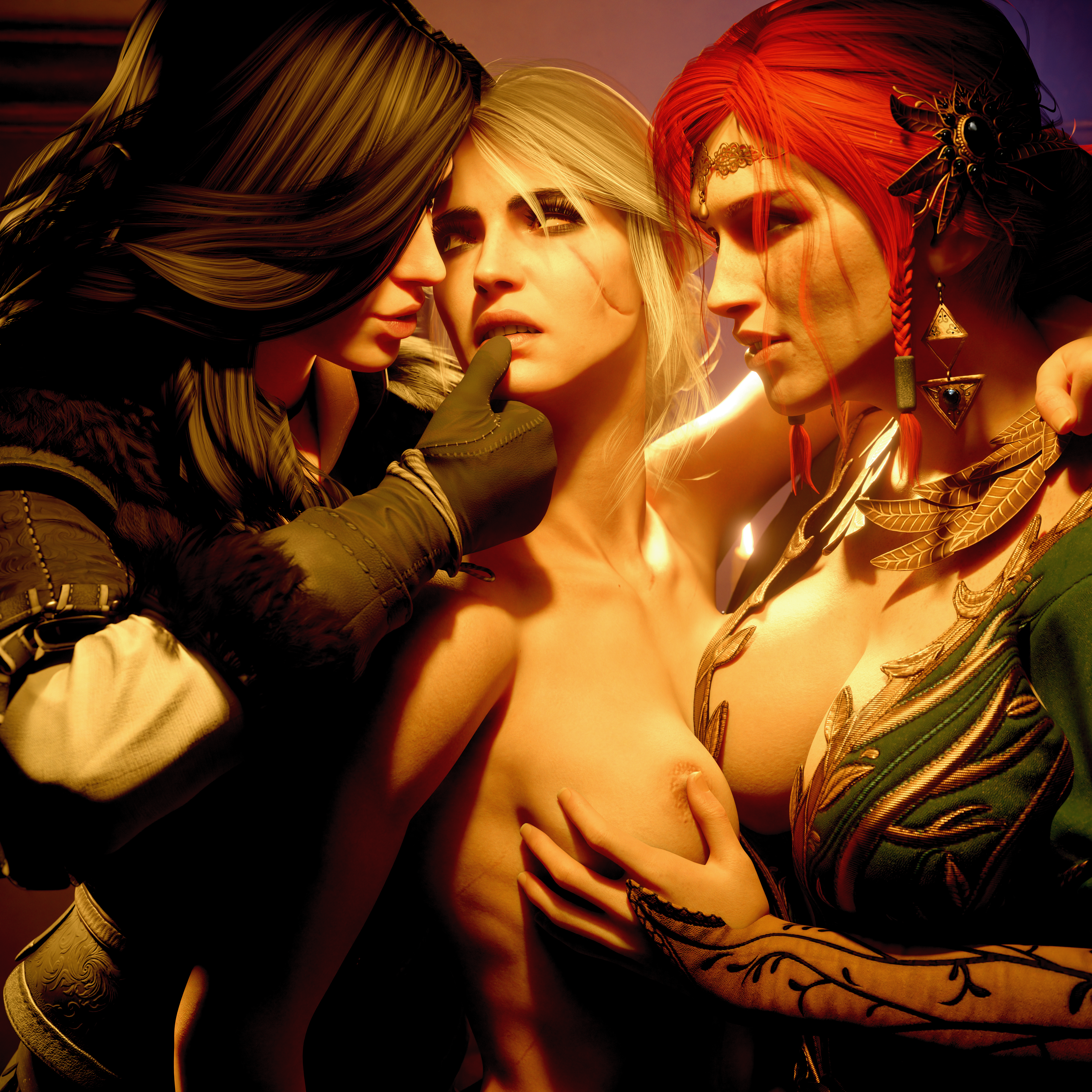 3d, 3girls, black gloves, black hair, breast grab, breasts, cd projekt red, ciri, clothing, completely nude, earrings, female, female only, freckles, gloves, graynaver, green dress, green eyes, hair ornament, highres, light-skinned female, looking at partner, mascara, nipples, nude, red hair, scar, the witcher (series), the witcher 3: wild hunt, triss merigold, white hair, yennefer, yuri