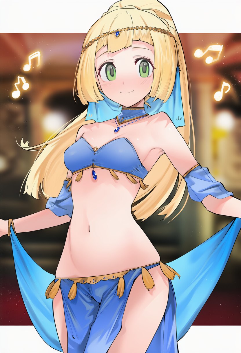 1girls, ai generated, belly dancer, belly dancer outfit, blonde hair, blush, breasts, female, green eyes, harem outfit, lillie (pokemon), navel, pokemon, smile, tummy, ud31665690