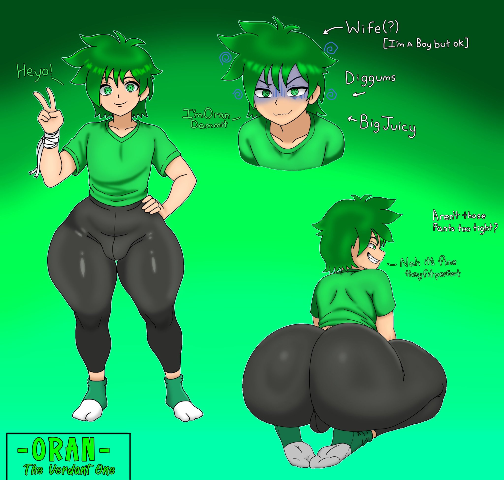 1boy, 1femboy, 2d, ass, boy wife, bulge, bulge through clothing, child bearing hips, cute, cute male, fat ass, femboy, femboy only, green eyes, green hair, male, male wife, oran (sketchcolor), original, reference sheet, sketchcolor, socks, thick thighs, thighs, tight clothing, voluptuous, voluptuous male