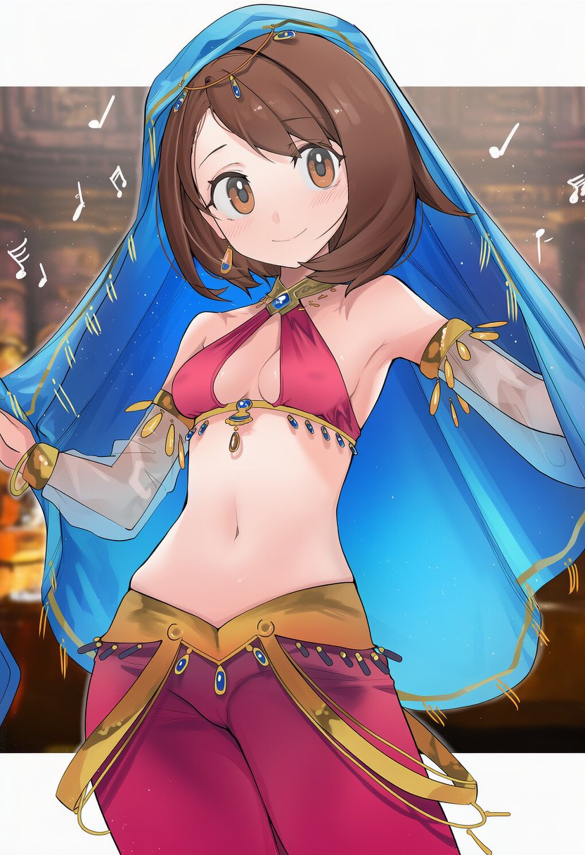 1girls, ai generated, belly dancer, belly dancer outfit, blush, breasts, brown eyes, brown hair, female, gloria (pokemon), harem outfit, navel, pokemon, smile, tummy, ud31665690