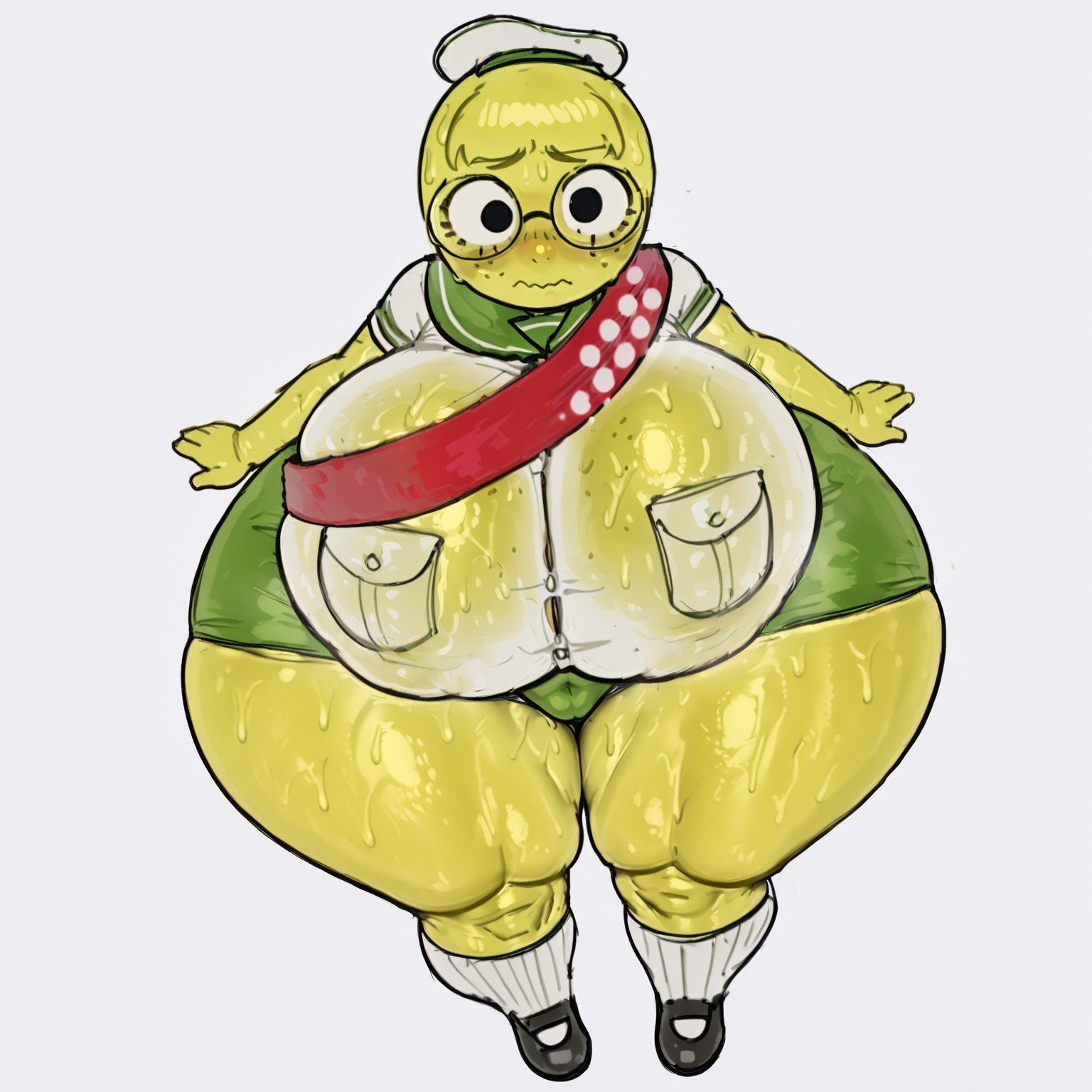 1girls, ai generated, ap, bangs, big breasts, blush, breasts, clothing, colored skin, female, female only, freckles, glasses, green body, huge breasts, looking up at viewer, nervous, peak (videogame), peak-chan (okgaki), scout (peak), see-through clothing, solo, solo female, stable diffusion, sweaty, sweaty clothes, tagme, thick thighs, wide hips