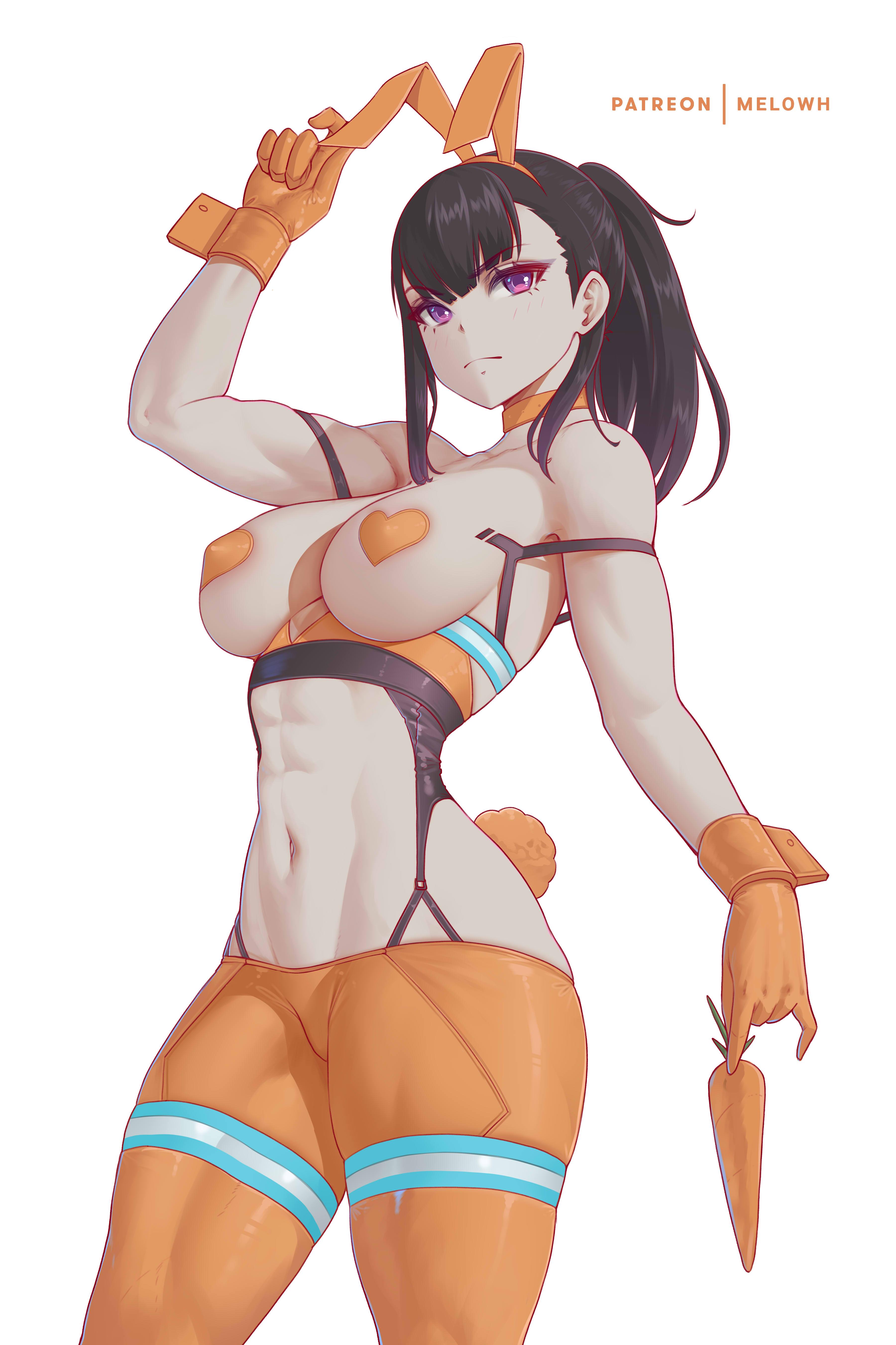1girls, abs, adult, adult female, arm up, asymmetrical bangs, bare armpits, bare arms, bare belly, bare chest, bare midriff, bare navel, bare shoulders, bare skin, belly, belly button, big breasts, black hair, black-haired female, blank expression, blank eyes, blank stare, breasts, bunny ears, bunny tail, busty, busty female, choker, collarbone, curvaceous, curvaceous body, curvaceous female, curvaceous figure, curvaceous hips, curvy, curvy body, curvy female, curvy figure, curvy hips, digital, digital art, digital drawing, digital drawing (artwork), digital media, digital media (artwork), elbows, emotionless, enen no shouboutai, exposed armpits, exposed arms, exposed belly, exposed chest, exposed midriff, exposed navel, exposed shoulders, exposed skin, female, female focus, female only, fingers, fire force, firefighter, garter straps, gloves, groin, groin tendon, hairband, hand up, heart pasties, high resolution, highres, hourglass figure, huge boobs, huge breasts, inguinal crease, inguinal ligament, large boobs, large breasts, lean figure, legwear, lips, long hair, maki oze, mature, mature female, melowh, midriff, muscular, muscular arms, muscular female, muscular legs, muscular thighs, narrow waist, navel, neutral expression, nipple bulge, nipple pasties, orange bunny ears, orange choker, orange gloves, orange hairband, orange legwear, orange pantyhose, orange pasties, orange stockings, orange wrist cuffs, pantyhose, pasties, plump breasts, ponytail, purple eyes, purple-eyed female, shoulders, sidelocks, simple background, slender body, slender waist, slim waist, solo, standing, stockings, thick thighs, thighs, tights, underboob, upper body, white background, wide hips, wrist cuffs