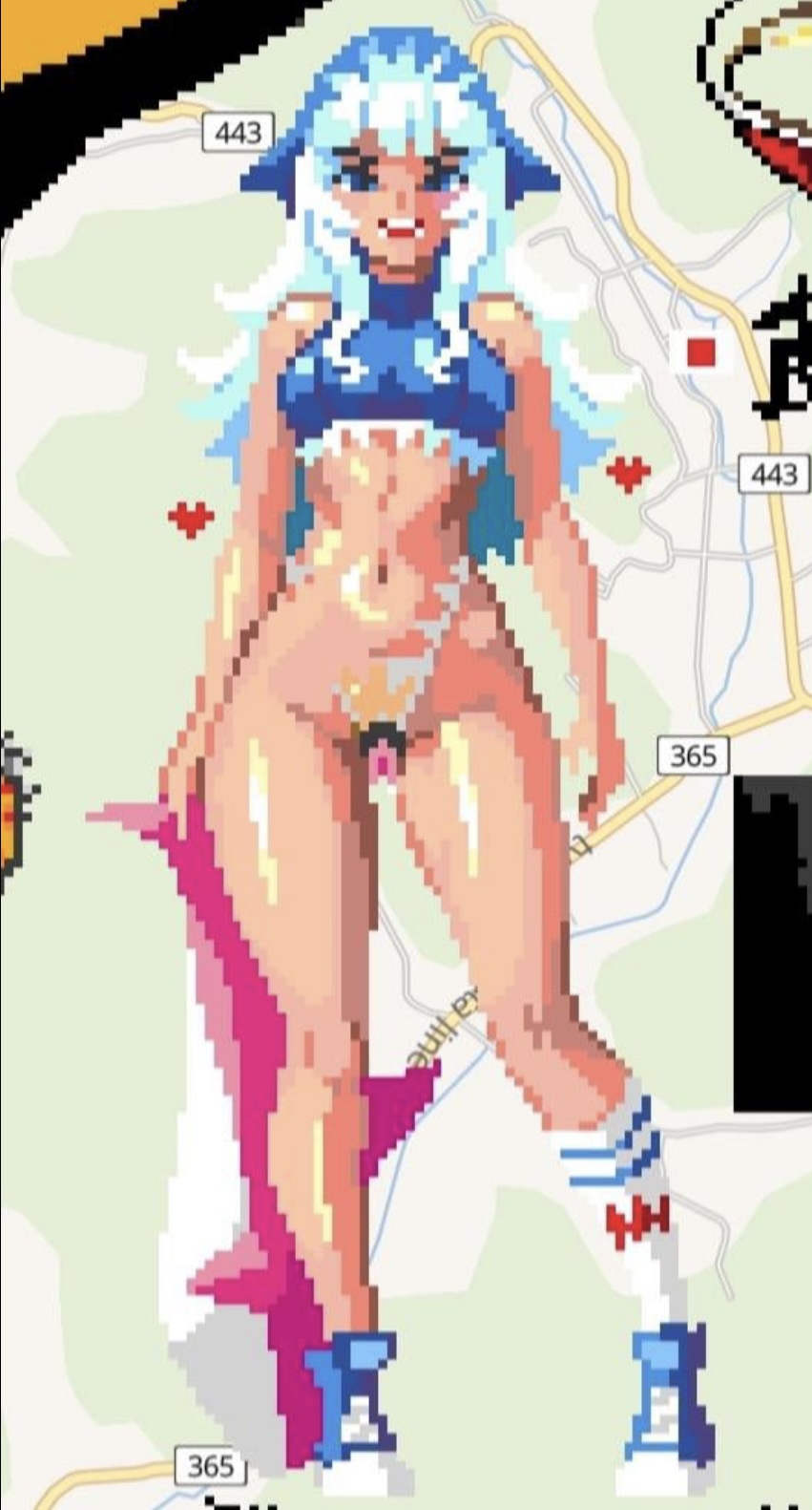 blue eyes, blue hair, breasts, covered breasts, exposed pussy, female, gawr gura, hololive, hololive english, hololive myth, hourglass figure, one sock, pixel art, pussy, thick thighs, virtual youtuber, wplace