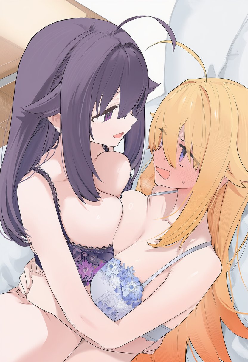 2girls, ai generated, big breasts, blonde hair, blush, bra, breasts, embarrassed, embarrassed expression, female, hug, incest, koshi anko, koshi torako, long hair, shikanoko nokonoko koshitantan, sisters, sweat, sweatdrop, ud31665690, underwear, yuri