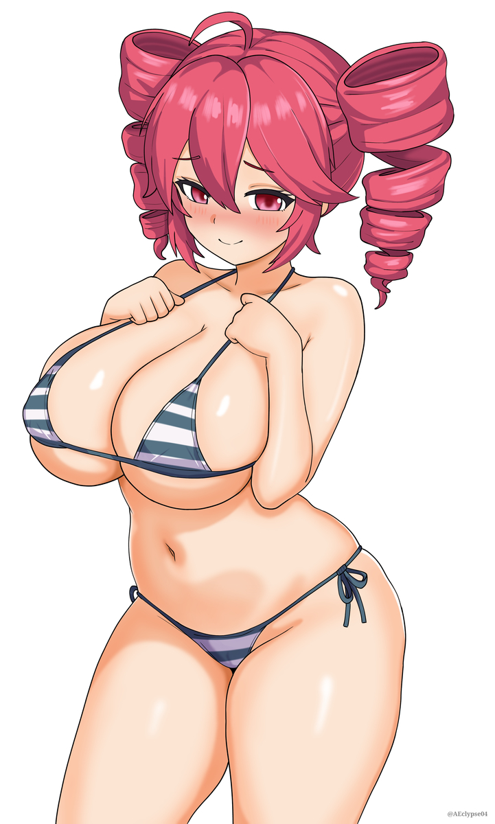 1girls, 2d, 2d (artwork), belly, big breasts, big thighs, bikini, blush, blush lines, breasts, cleavage, curvaceous, curvy, curvy female, curvy figure, eclypse, embarrassed, embarrassed female, female, female only, hands on chest, hands on own chest, huge breasts, huge thighs, kasane teto, large breasts, large thighs, massive breasts, micro bikini, navel, nipple bulge, plump, plump breasts, plump thighs, red eyes, red hair, shiny skin, simple background, skindentation, smile, solo, solo female, striped bikini, thick thighs, thighs, top heavy, twin drills, utau, voluptuous, voluptuous female, white background, wide hips