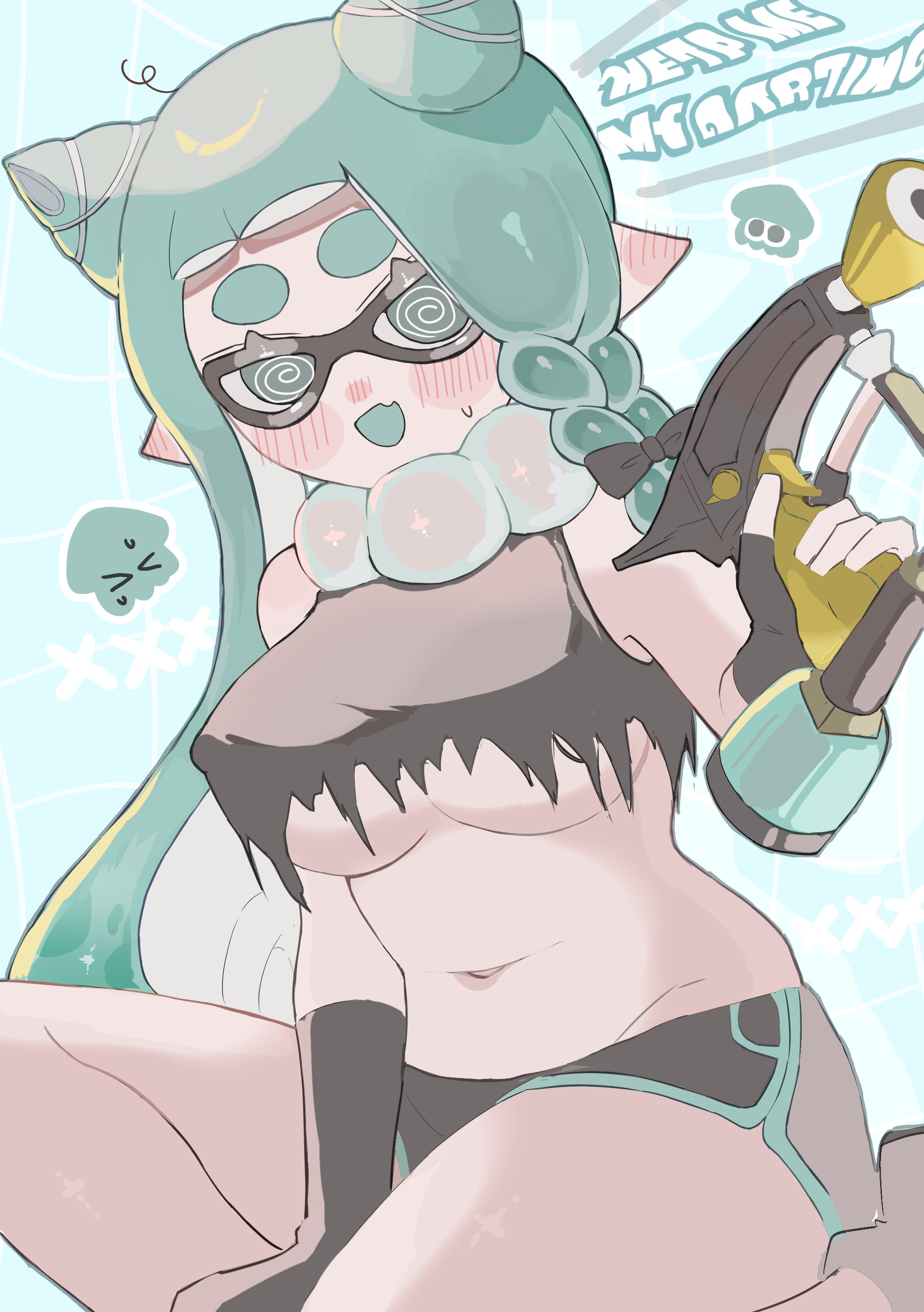 @ @, 1girls, breasts, covered nipples, dolphin shorts, dualies, dualies (splatoon), enperry splat dualies, fake horns, female, female focus, horns, inkling, inkling girl, large breasts, light skin, light-skinned female, long hair, looking at viewer, navel, new agent 3 (splatoon), nintendo, open mouth, shorts, smchan hll, solo, solo female, solo focus, splat dualies, splatoon, splatoon (series), splatoon 3, splatoon 3: return of the mammalians, tentacle hair, twitter link, underboob, weapon