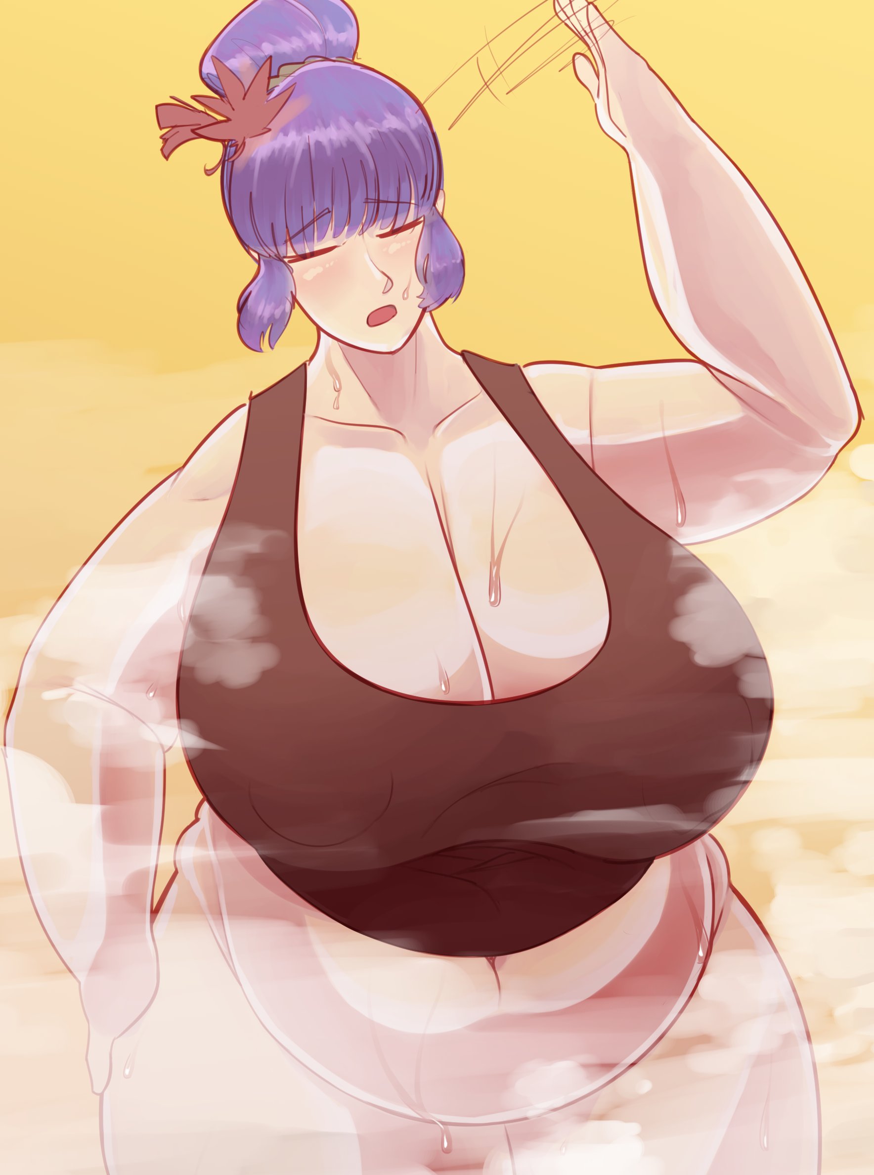 1girls, bbw, breasts, chubby, chubby female, cooooookin, female, flower, flower in hair, huge breasts, kanako yasaka, purple hair, sweat, sweating, sweaty, sweaty body, touhou