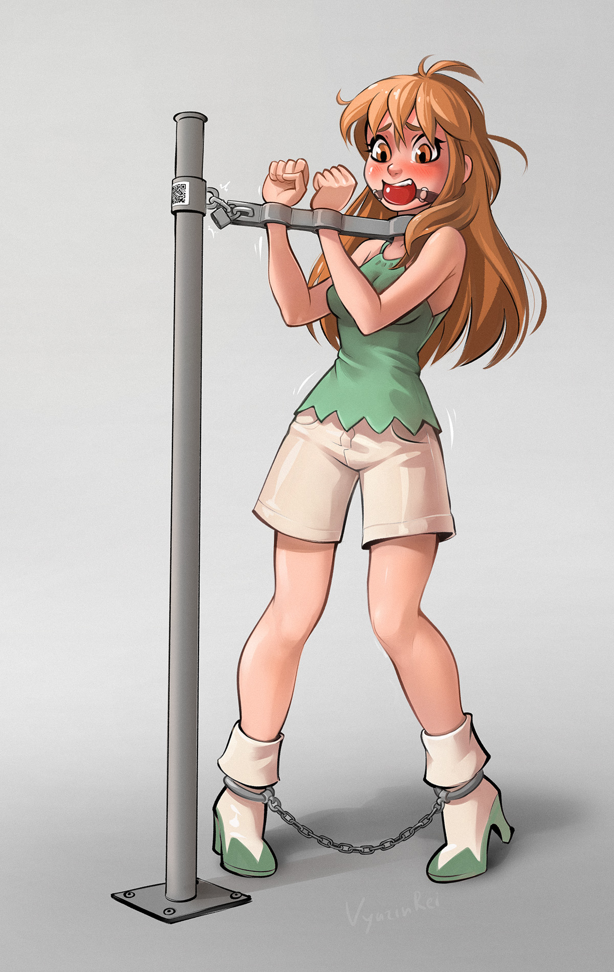 1girls, ball gag, bondage, bound, bound ankles, chains, female, female only, femsub, fully clothed, gag, gagged, lock, padlock, shrew's fiddle, standing, stationary restraints, steel bondage, vyazinrei