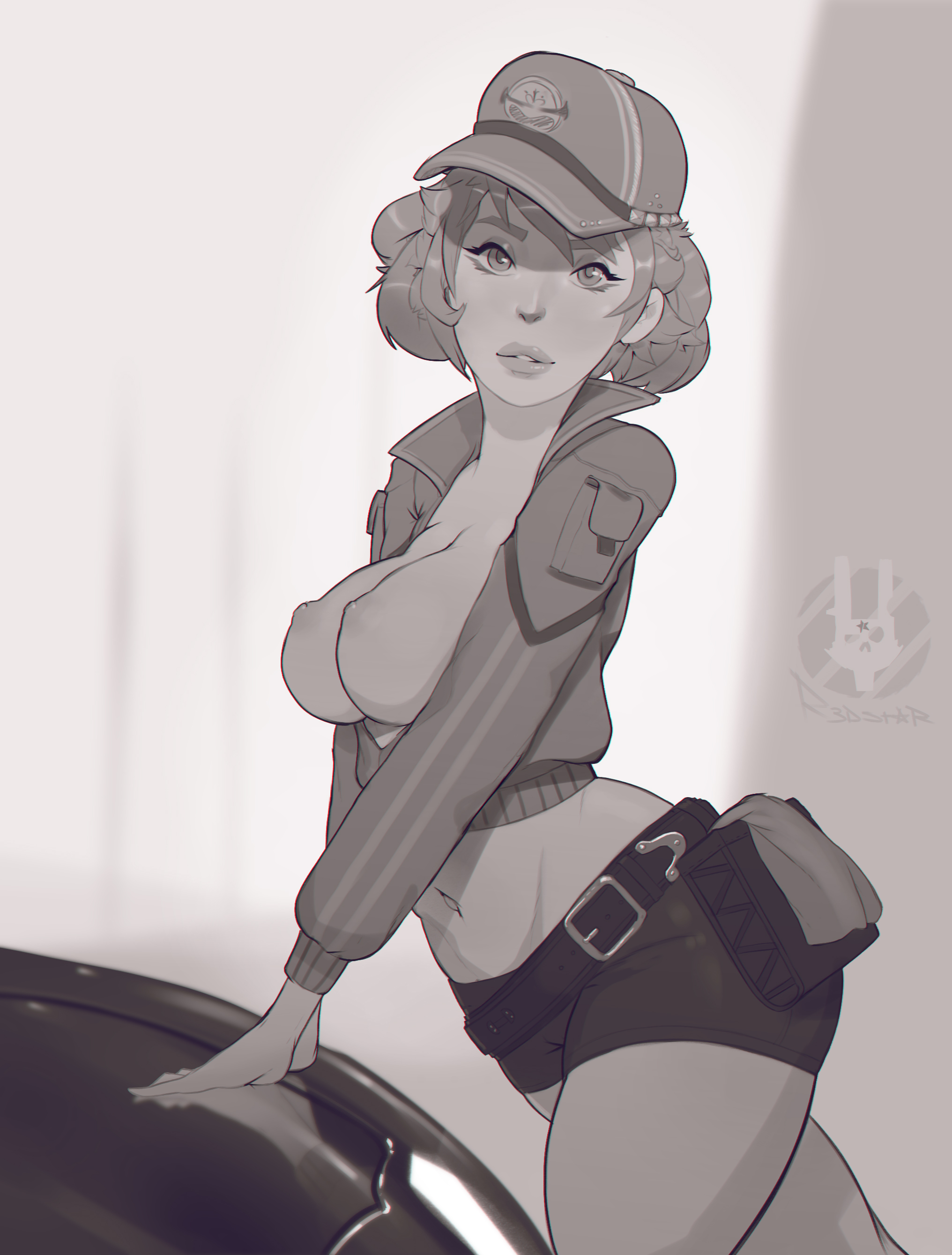 1girls, arm support, ass cutout, bare shoulders, baseball cap, belly, belt, belt pouch, bikini top, black gloves, blonde, blue shorts, bra, breasts, cap, cindy aurum, cleavage, closed mouth, cropped jacket, curly hair, denim, denim shorts, dirty, dirty face, erect nipples, female, female mechanic, female only, final fantasy, final fantasy xv, gloves, goggles, goggles around neck, hand on hip, hat, high resolution, highres, hips, hotpants, jacket, large breasts, legs, light smile, lips, looking at viewer, mechanic, megane, midriff, monochrome, navel, nipple bulge, nipples, open clothes, open jacket, parted lips, r3dstar, short hair, short shorts, shorts, sideboob, simple background, smile, solo, square enix, standing, thick thighs, thighs, trucker hat, underwear, utility belt, very high resolution, wrench