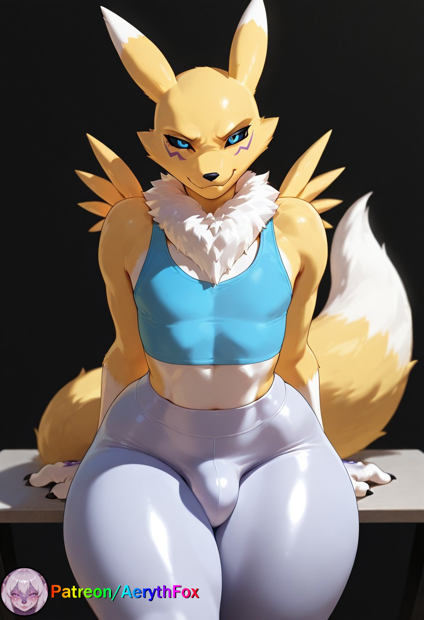 1femboy, aerythfox, ai, ai art, ai generated, blue eyes, bulge, bulge through clothing, bulge under clothes, crop top, digimon, digimon (species), femboy, leggings, looking at viewer, male, male renamon, otoko no ko, otokonoko, patreon, patreon username, renamon, solo, spandex, tagme, thick thighs, tight clothing, tights, yellow body, yellow fur, yoga pants