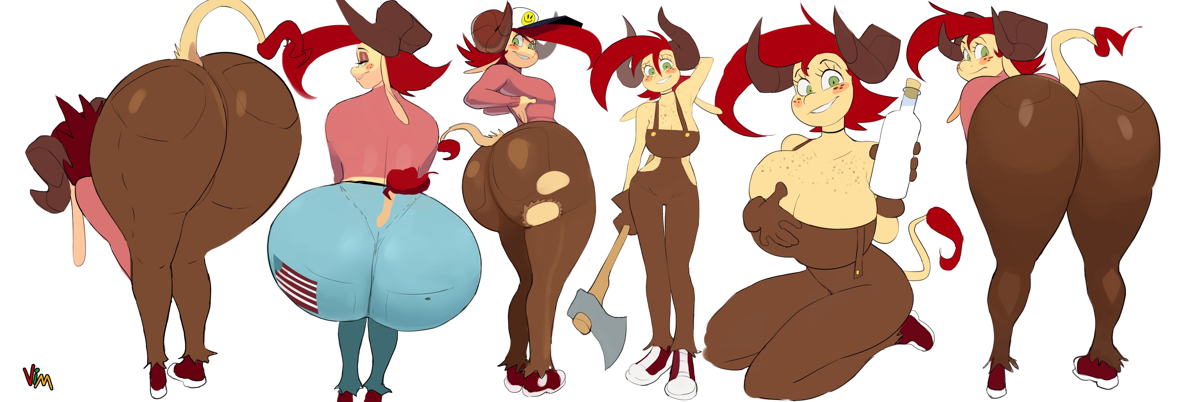 american flag, anthro, ass crack, asscheeks, axe, big ass, broken horn, cow girl, female, frances sugarfoot, gigantic breasts, glass container, huge ass, intergluteal cleft, large ass, milk, panorama, ripped clothing, ripped pants, tagme, thick thighs, tool, tools, vimhomeless, weapon