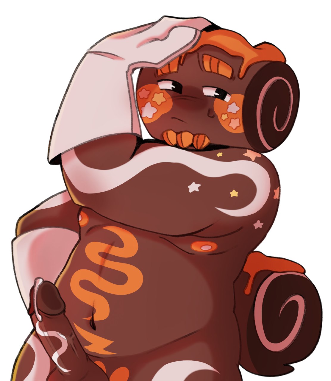 1boy, 1man, bent arm, big eyebrows, brown body, brown skin, caramel drizzle cosmo, coffeefred, colored, cosmo (dandy's world), cream, cream drip, dandy's world, dandys world, digital, digital art, digital artwork (media), digital drawing, digital drawing (artwork), digital media, digital media (artwork), digital painting, digital painting (artwork), elbow gloves, fat, fat male, for a head, gloves, goatee, half body, hand behind back, hand on head, hand on own head, looking away, male, naked, naked male, no background, nude, nude male, object head, orange body markings, orange cream, orange goatee, orange nipples, plus size, precum, precum drip, roblox, roblox game, solo, solo boy, solo focus, solo male, solo man, star (marking), stars (marking), stars on cheeks, sweat, sweatdrop, swiss roll, tail, video game, video game character, video game franchise, video games, white body markings, white gloves