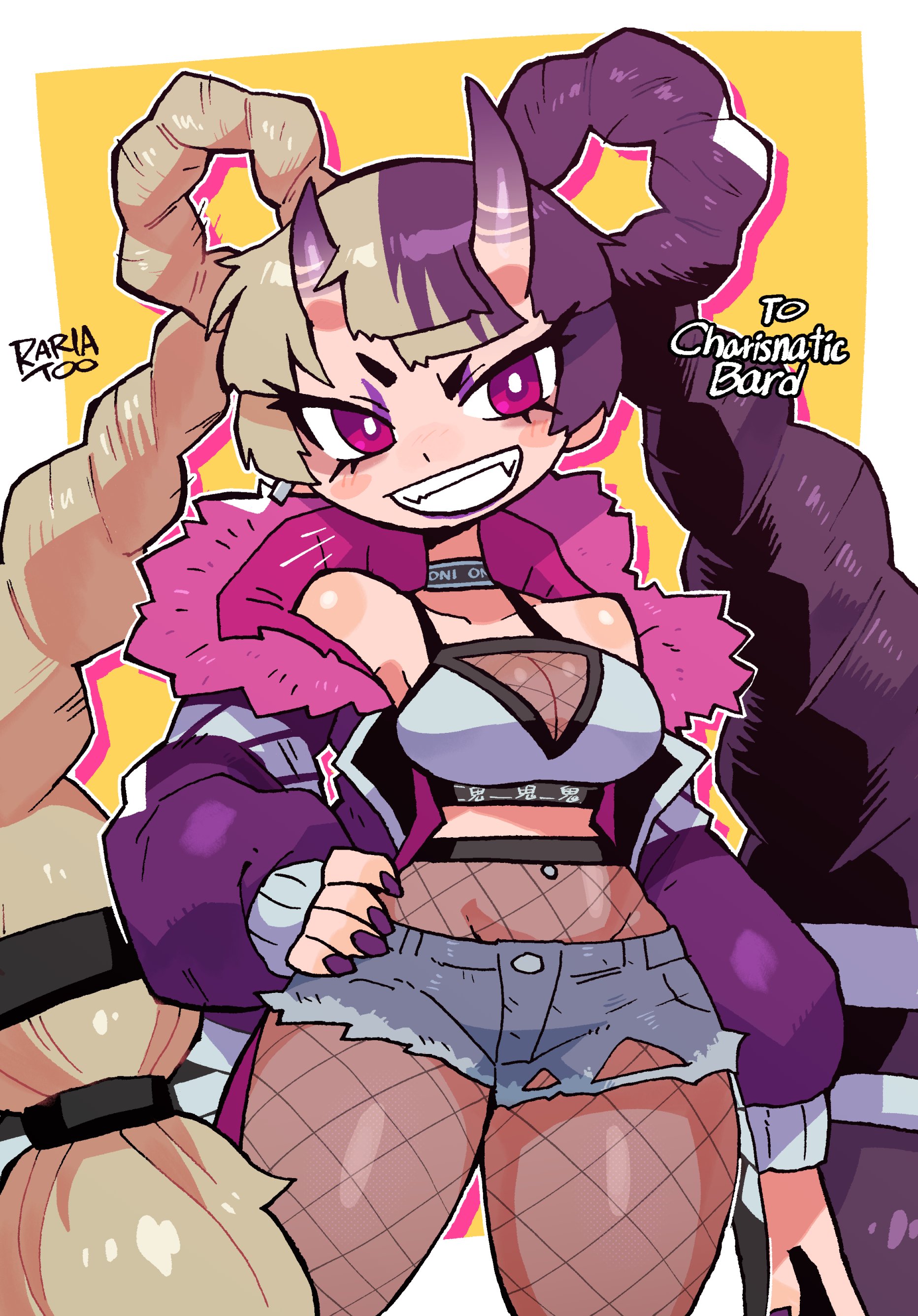 1girls, 2025, ayaka (athighhighguy), blonde hair, blush, braided hair, crap-man, female, female only, fishnet pantyhose, fishnets, grin, grinning at viewer, hand on hip, hi res, jacket, jean shorts, long hair, looking at viewer, navel piercing, oni, oni female, oni horns, pantyhose, purple eyes, purple hair, purple nail polish, rariatoo, shortstack, smiling, smiling at viewer, solo, tied hair, very long hair
