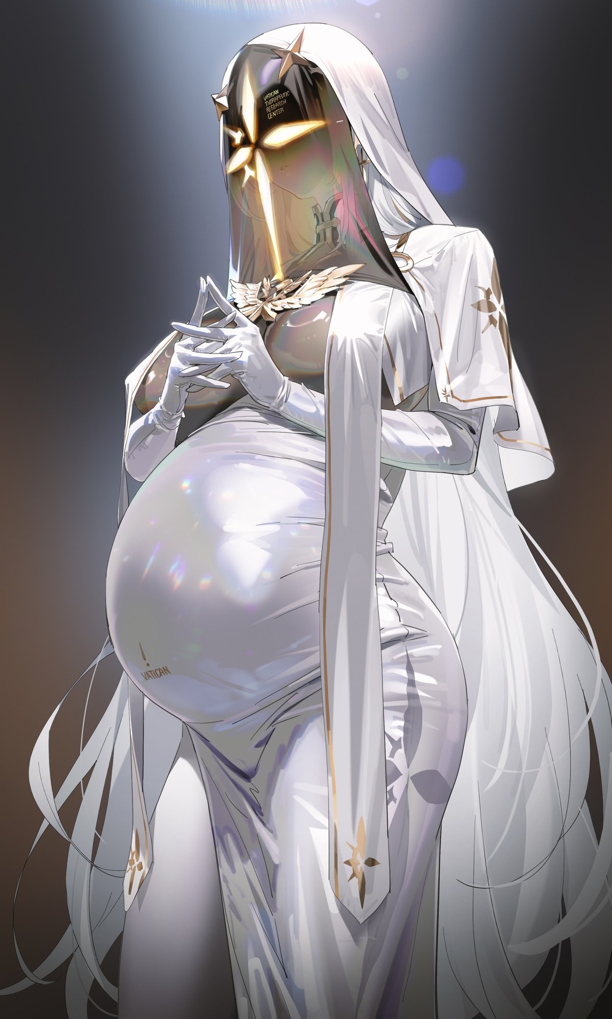 1girls, belly, big belly, big breasts, breasts, cameltoe, clasped hands, female, female only, fully clothed, goddess of victory: nikke, gold trim, heavily pregnant, hips, interlocked fingers, lens flare, maternity clothes, maternity dress, nipple bulge, nipples visible through clothing, nun, pregnant, priestess, religious clothing, religious symbols, robe, shiny clothes, slightly open mouth, solo, tagme, thighhighs, thighs, v.t.c. priestess, veil, white clothing, white hair, white robe, yd (orange maru)