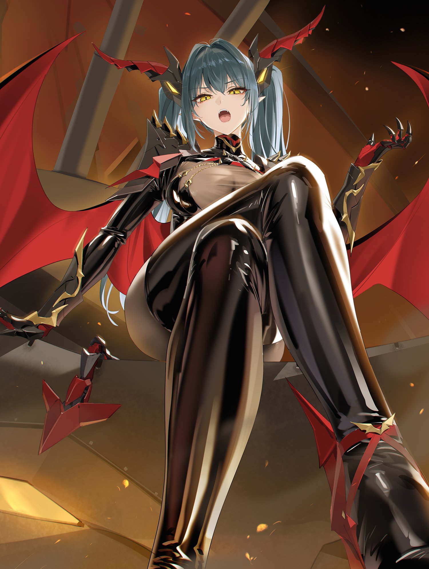 1girls, armor, azur lane, black footwear, blue hair, bodystocking, boots, breasts, cg, cross, crossed legs, dragon girl, dragon horns, dragon wings, female, female only, from below, gloves, hair between eyes, high heels, horns, iron cross, large breasts, long hair, looking at viewer, mechanical horns, mechanical tail, open mouth, regensburg (azur lane), shiny clothes, shoulder armor, sitting, slit pupils, solo, tail, thigh boots, thighhighs, tight clothing, twintails, wings, yellow eyes