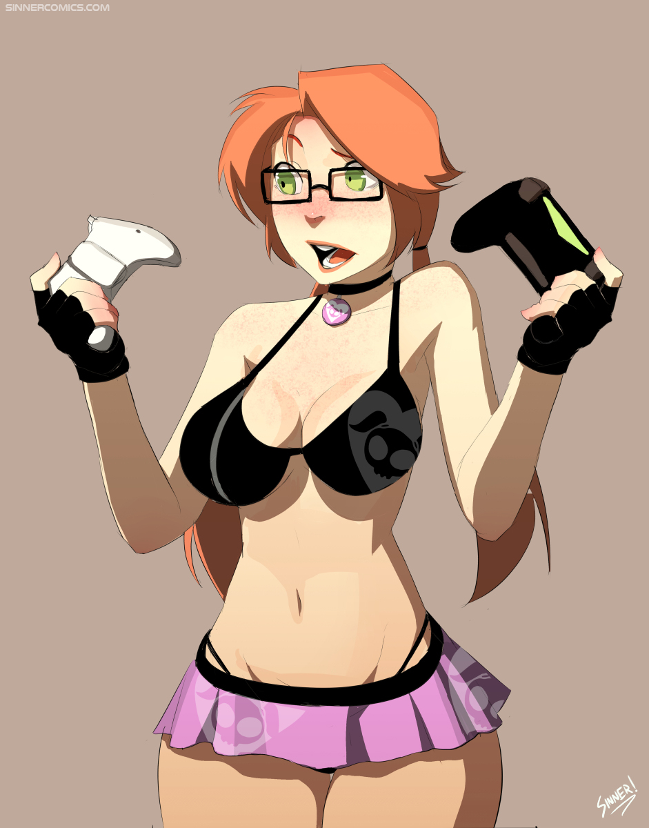 1girls bra choker cleavage controller female female_only freckles gamepad glasses green_eyes holding_controller orange_hair original ps4_controller sillygirl sillygirl_(character) sinner skirt solo standing xbox_360 xbox_controller