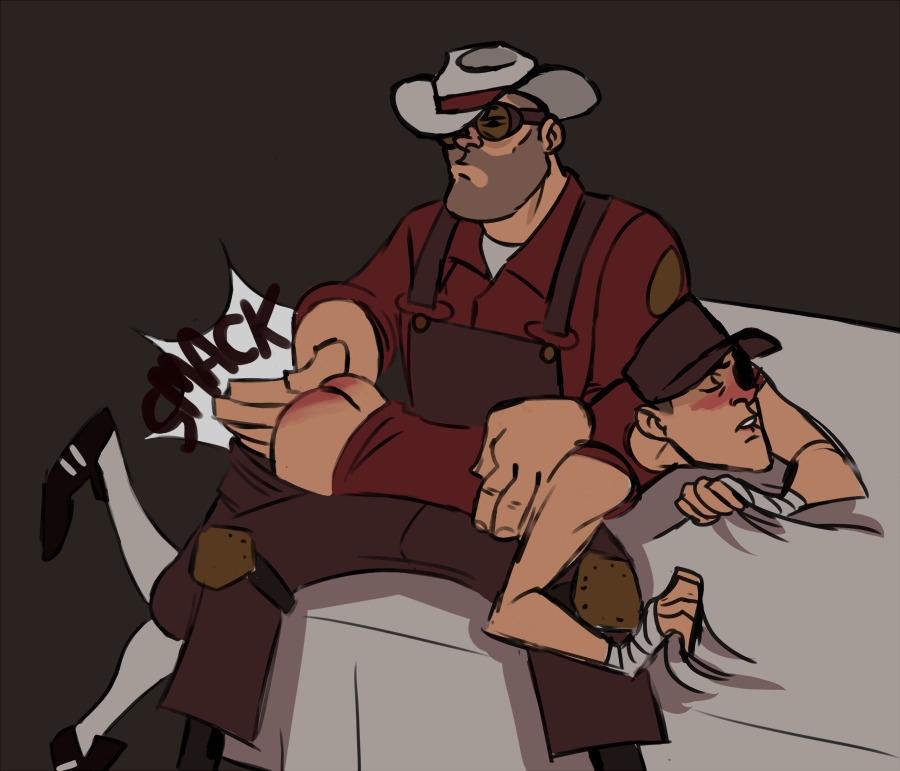 biting lip, biting own lip, blush, bottomless, clenched hands, discipline, engineer (team fortress 2), erichmcbrian, gay, grabbing sheets, gripping sheets, looking pleasured, male, male only, over the knee spanking, pants down, pants pulled down, punishment, scout (team fortress 2), spank marks, spanking, submissive male, team fortress 2, twink, yaoi